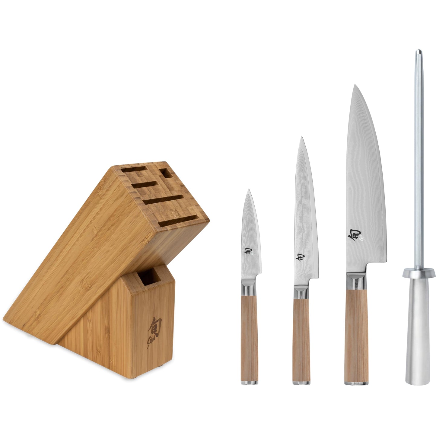 Shun Classic Blonde 5 Piece Starter Block Set, Includes 8" Chef, 3.5" Paring & 6" Utility Knives, Handcrafted Japanese Knife Block Set, Damascus Stainless Steel Cladding, Pakkawood Handle