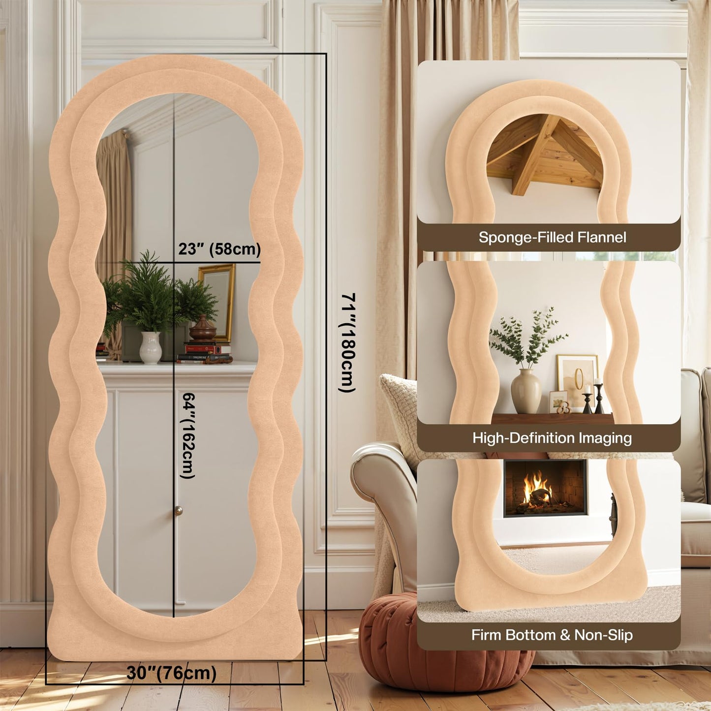 Anpark Full Length Mirror 71"x30" Irregular Wavy Full Body Wall Mounted Floor Mirror with Stand Milk Tea Flannel Frame Leaning Hanging Wall for Bedroom Entrance Hallway