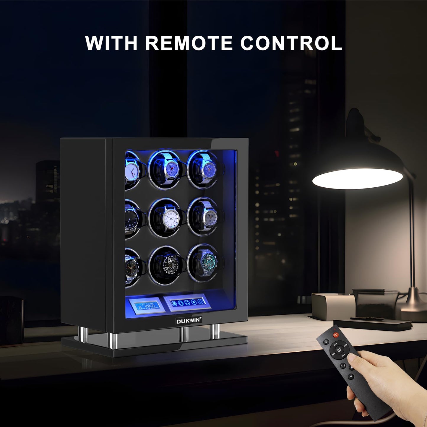 DUKWIN Watch Winder for 9 Automatic Watches, Fingerprint Lock Watch Winders with LCD Touchscreen, Blue LED Light, Remote Control,Adjustable Pillow and Quiet Motor for Universal Watches, 5TPD