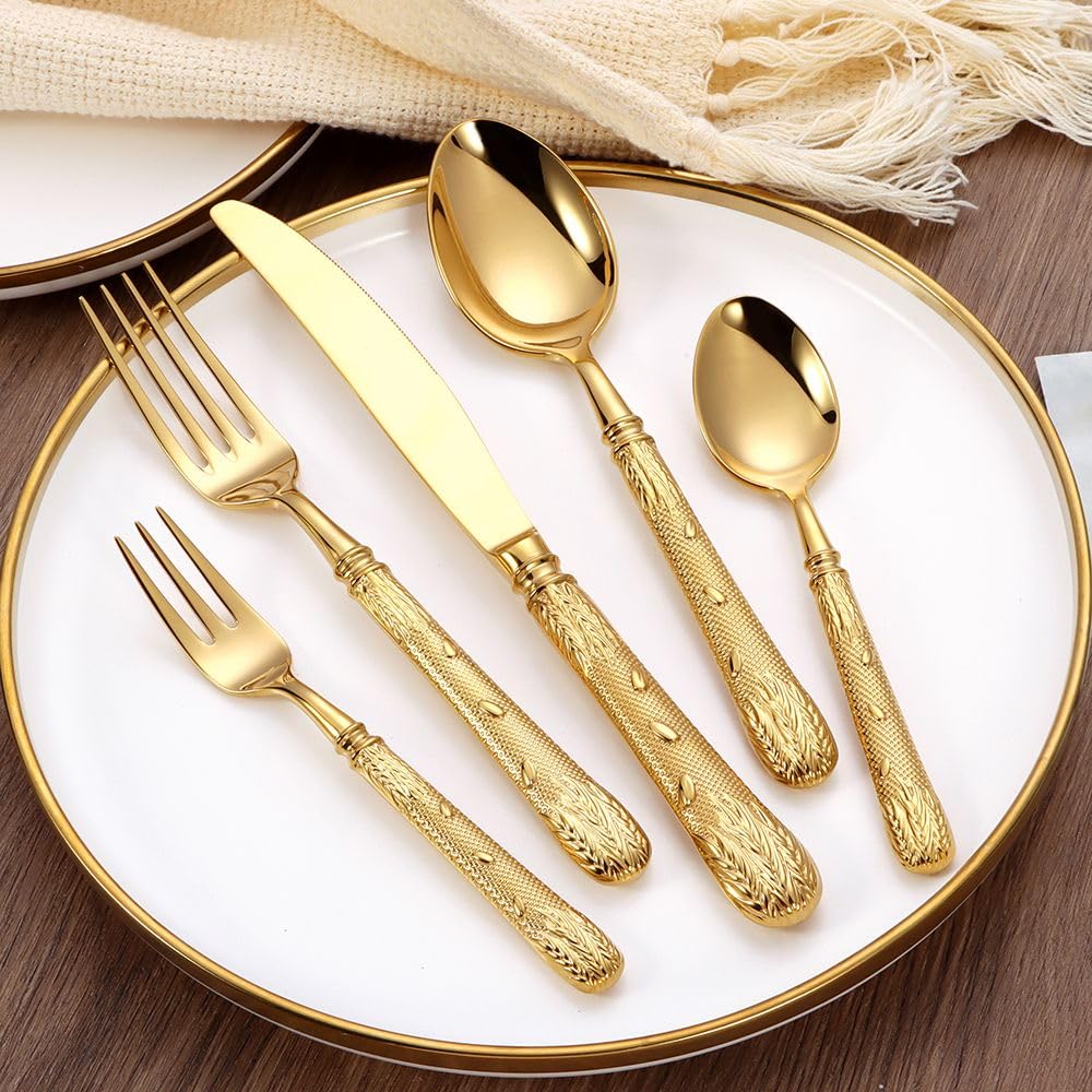 ELiTA ESSENTIALS Luxury 20-Piece Wheat Ear Design Silverware Set, Premium 18/10 Stainless Steel Flatware, Serving 4. (Gold)