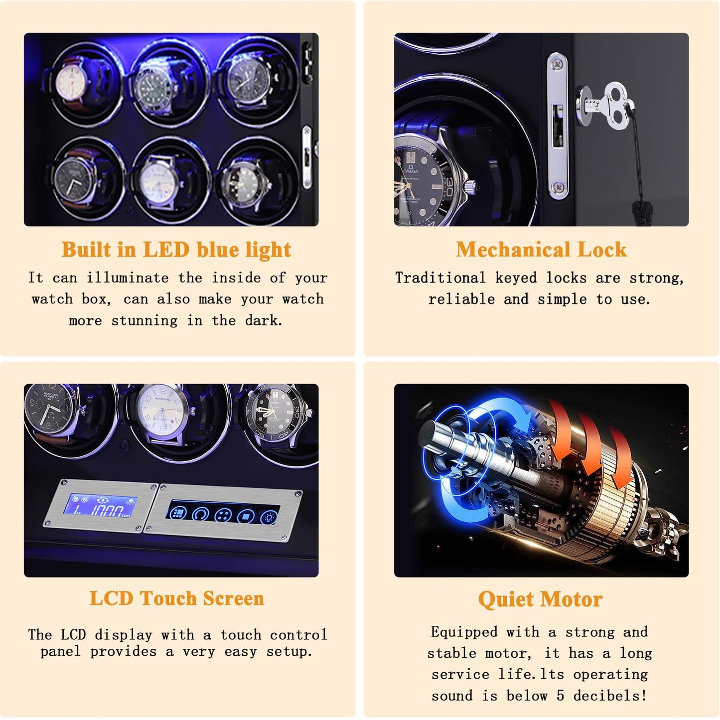 SNEOLTJN Watch Winder for 12 Slots Automatic Watches, Ultra-Quiet Japanese Motors, Built-in LED Illumination and LCD Touchscreen Control