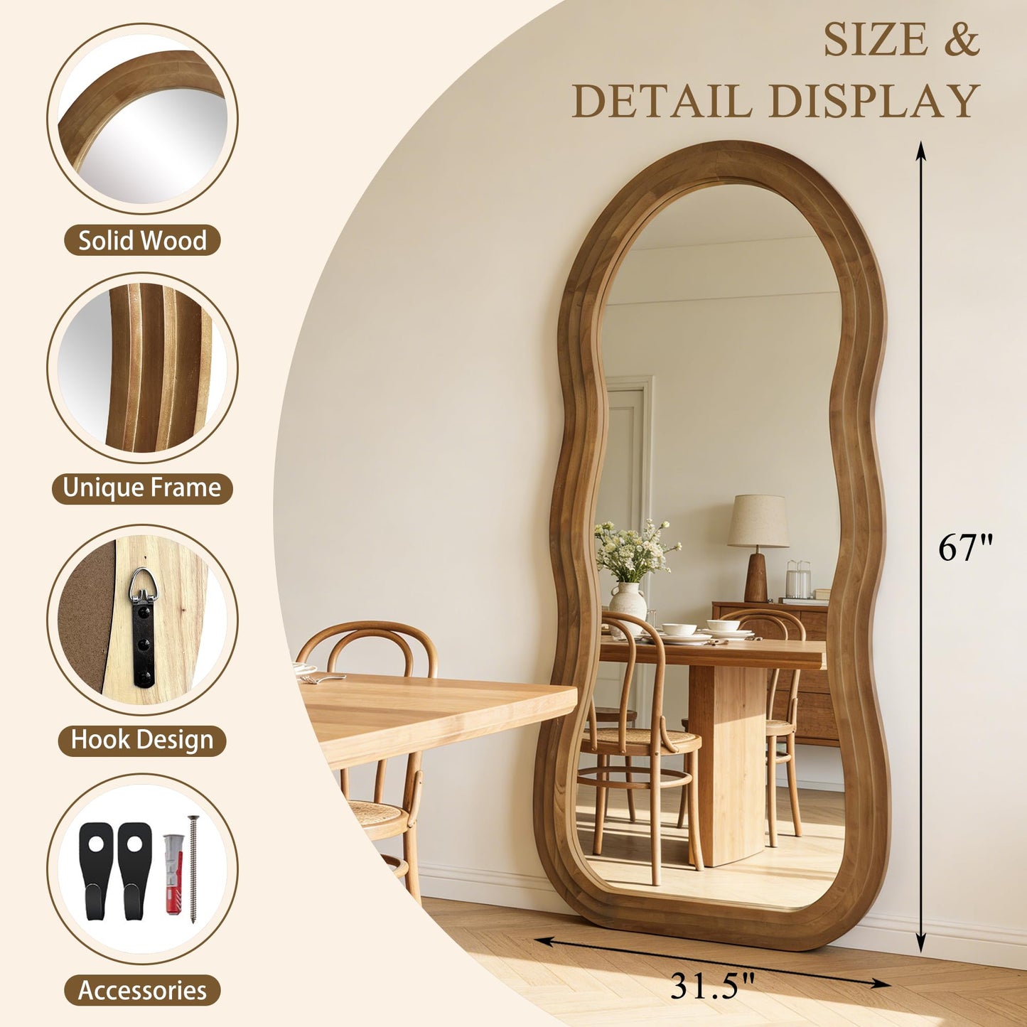 DAOYIJIAJU Wavy Full Length Mirror, 67"x31.5" Irregular Aesthetic Mirrors with Triple Layer Solid Wood Frame, Premium Organic Floor Mirror for Living Room Entryway Hallway Cloakroom, Leaning/Hanging