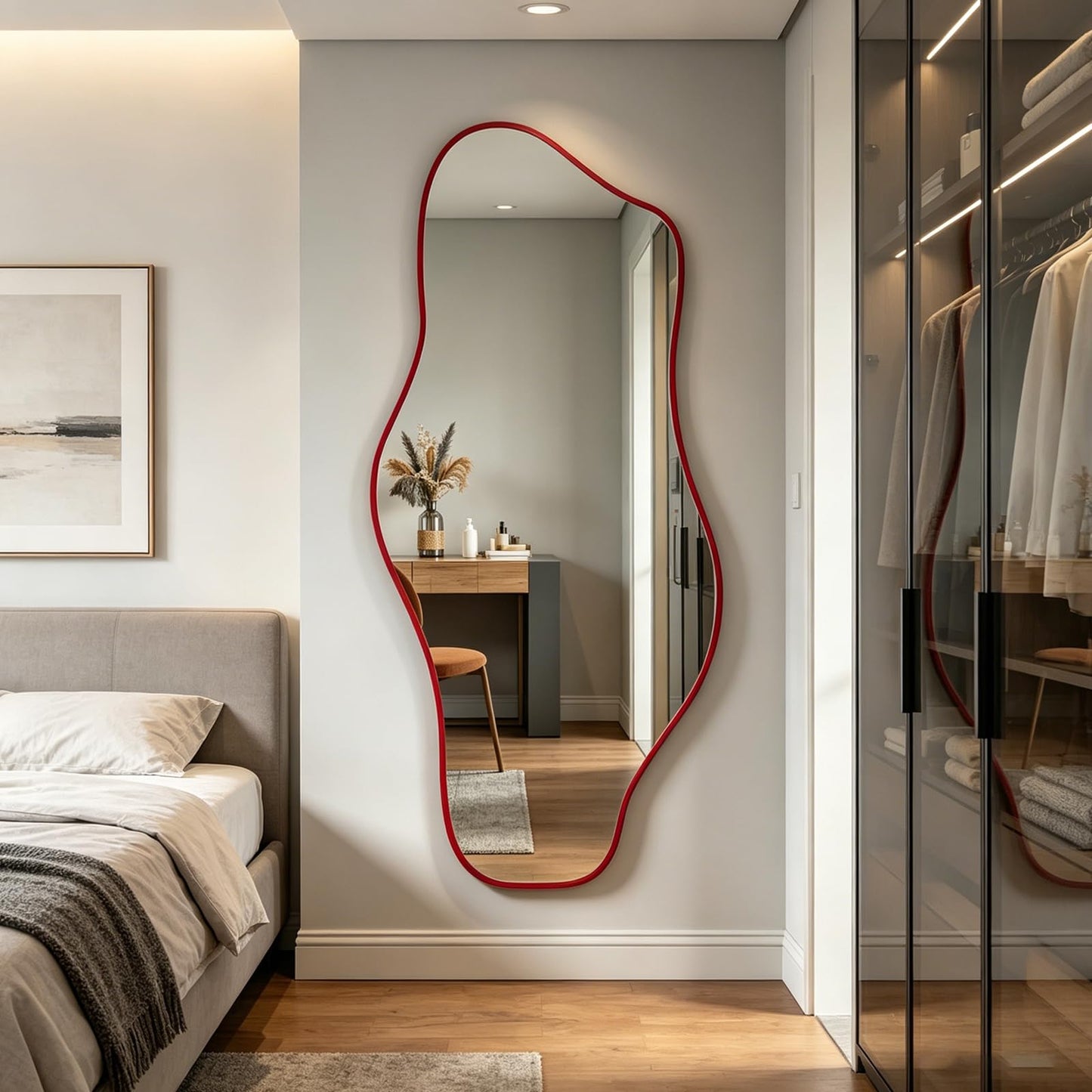 DAOYIJIAJU Irregular Mirror Full Length, 67"x31" Red Asymmetrical Tempered Glass Mirror, Large Organic Frameless Wall Mirrors for Living Room Bedroom Hallway Entryway, Horizontal or Vertical Hanging
