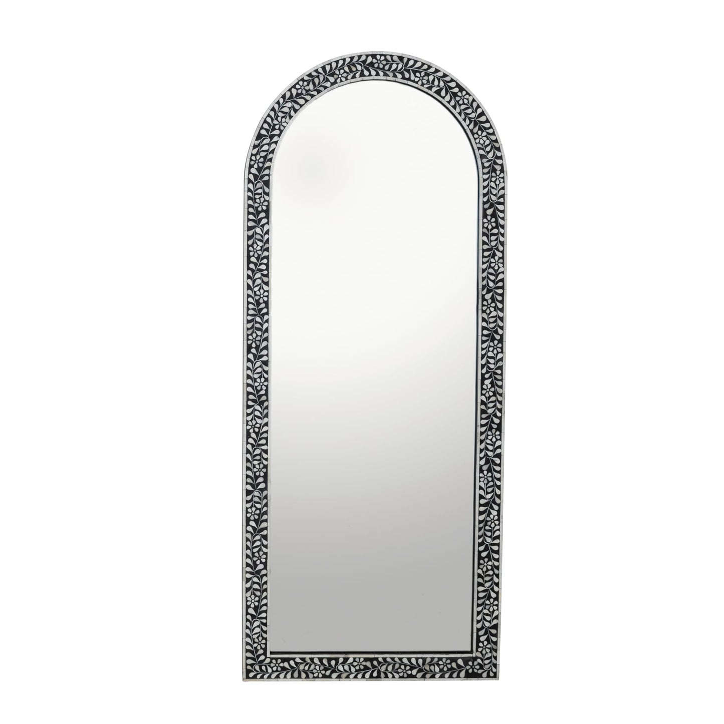 Creative Co-Op Mango Wood Arched Mirror with Bone Inlay Flowers and Leaves, Black and Ivory Finish