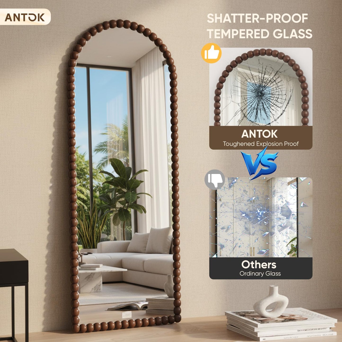Antok 71" x 28" Arched Full Length Mirror, Antique Beaded Frame Floor Standing or Wall Mounted Mirror with Stand for Bedroom, Entryway, Brown, Luxury Style