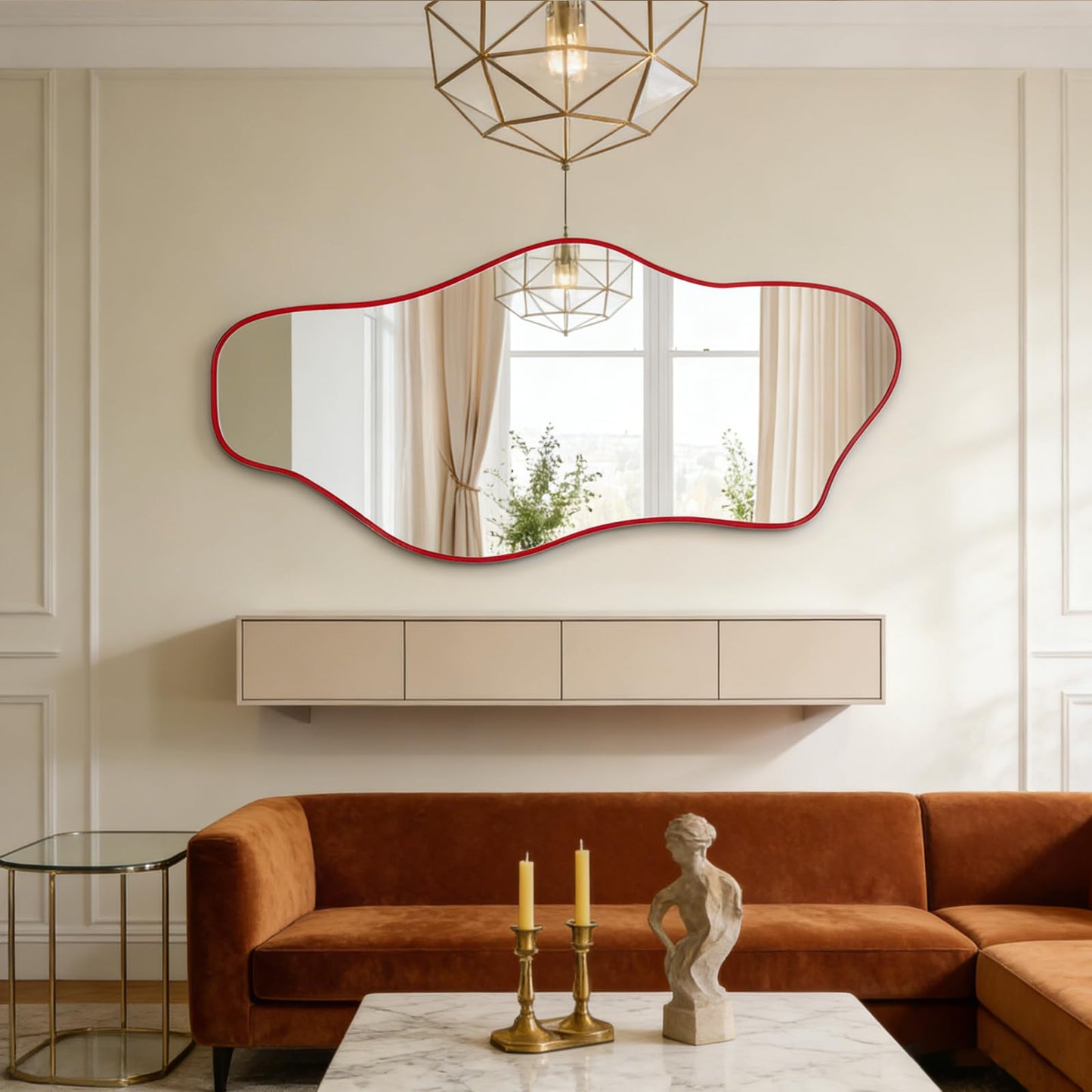 DAOYIJIAJU Irregular Mirror Full Length, 67"x31" Red Asymmetrical Tempered Glass Mirror, Large Organic Frameless Wall Mirrors for Living Room Bedroom Hallway Entryway, Horizontal or Vertical Hanging