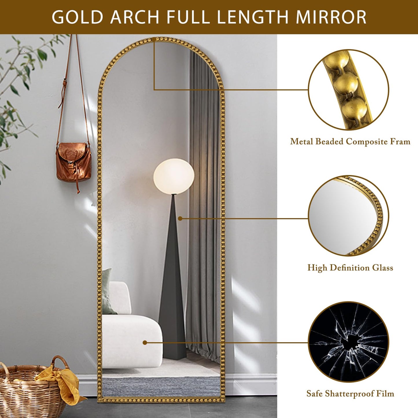 Fobule Arch Full Length Mirror with Stand, 65"x22" Floor Standing Large Dressing Mirror Hanging or Leaning Against Wall for Bedroom Living Room, Antique Gold