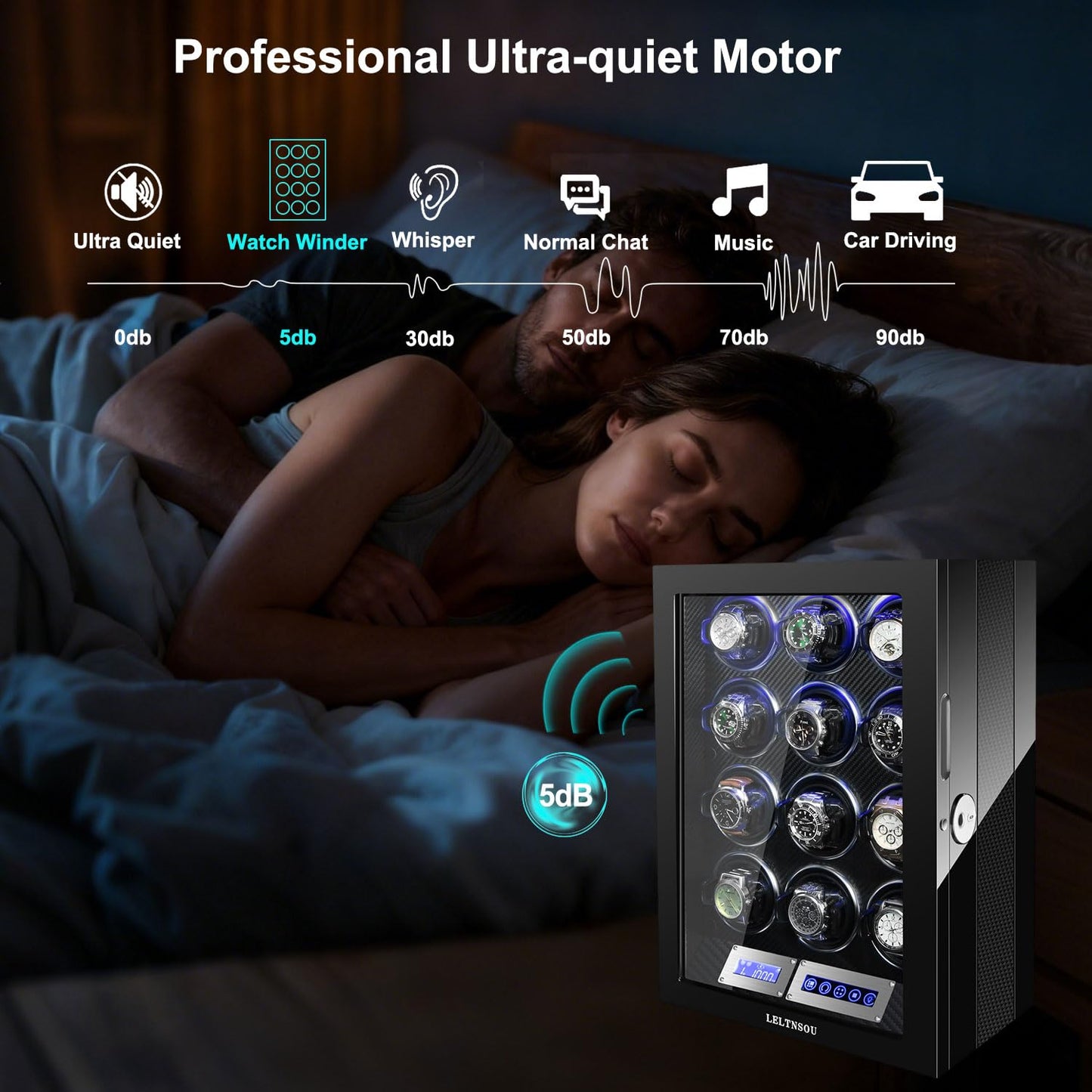 LELTNSOU Watch Winder for 12 Winding Spaces Automatic Watches with Fingerprint Unlock, Ultra-Quiet Japanese Motors, Built-in LED Illumination and LCD Touchscreen Control