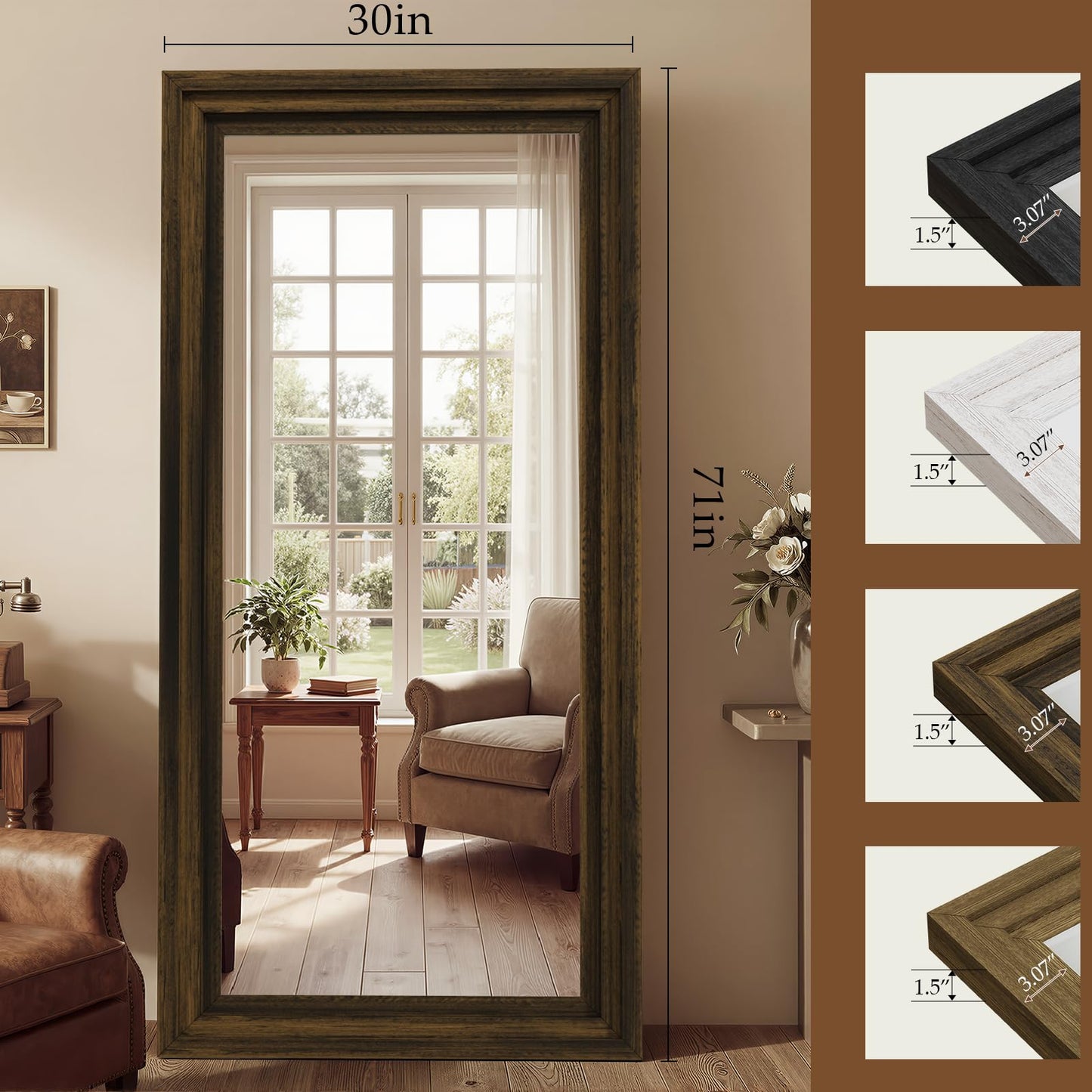 WISSMIELS Full Length Mirror 71"x30", Large Solid Wood Frame Floor Mirror, Leaning Floor Mirror, Stable Frame, Shatterproof Glass, Modern Classic Style for Bedroom, Living Room, Entryway