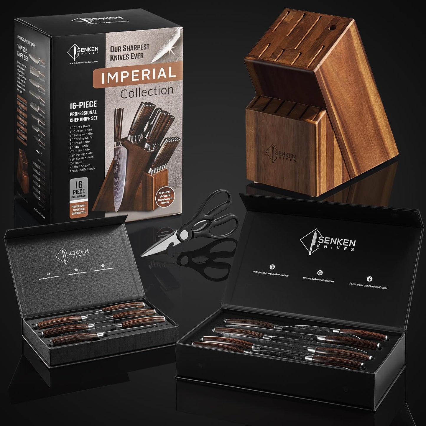 SENKEN 16-Piece Natural Acacia Wood Kitchen Knife Block Set - Japanese Chef's Knife Set with Laser Damascus Pattern, Includes Steak Knives, Kitchen Shears, Santoku, Cleaver & More (Wooden Handles)