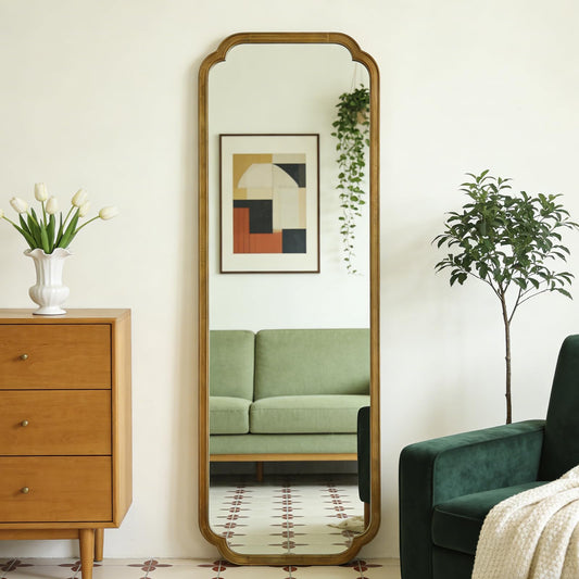 HOMECOOKIN Full Length Mirror Wall Mounted, Rustic Wooden Frame Floor Mirror, Rounded Corner Large Full Body Mirror for Bedroom,Dressing Room， Leaning or Hanging Against Wall (Natural, 71" L x 24" W)
