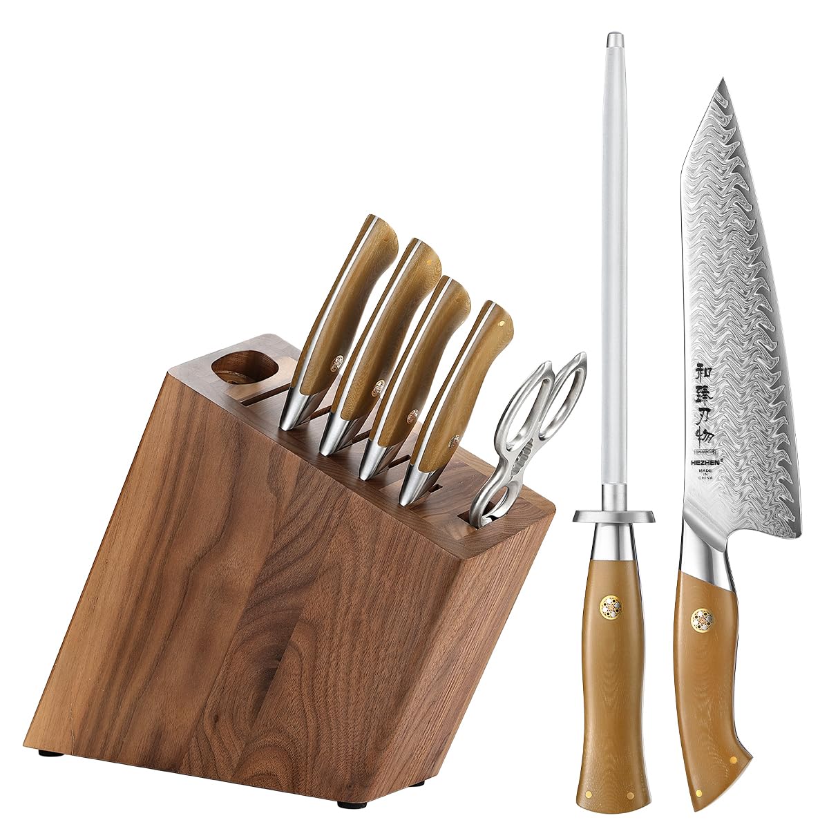 HEZHEN 8-Piece Knife Block Set, 67 Layers Damascus Steel Knife Set with Block, Kitchen Scissor-Sharpner Rod, Professional Knife Sets for Chefs, Linen Micarta Handle, Gift Packing