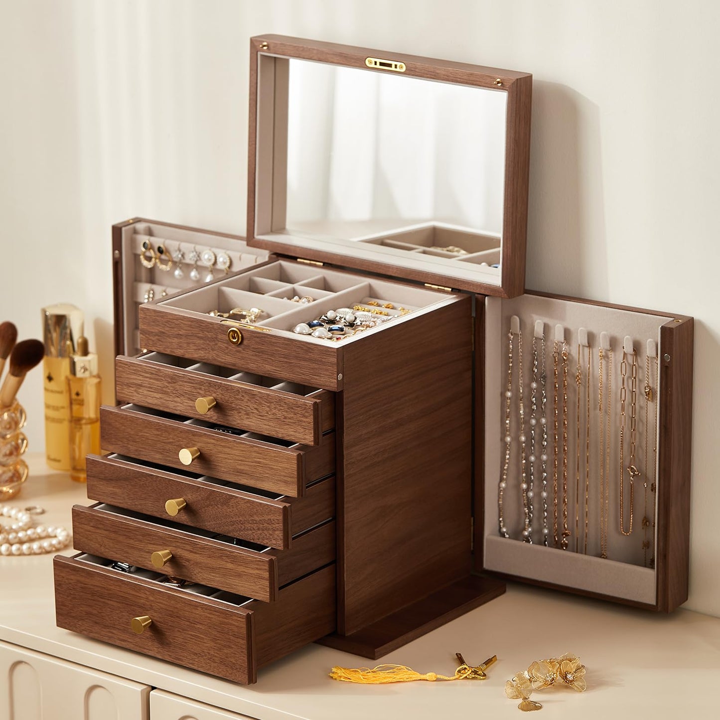 CHOSIN Black Walnut Wooden Jewelry Box, 6-Layer Lockable Wood Jewelry Organizer with Mirror, Side Doors & Brass Handle, Classical Design for Rings, Necklaces, Earrings, Ideal Gift for Her