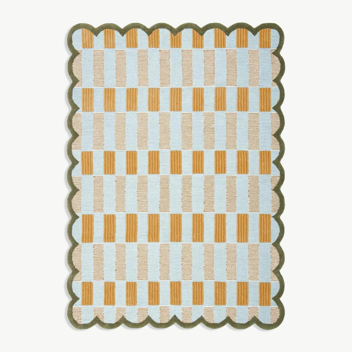 RUGWYN Hand-Tufted Scalloped Wool Area Rug, Modern Plaid Checkered Pattern, Soft & Durable Cozy Accent Rug for Living Room, Bedroom & Nursery, Handmade Decorative Floor Carpet (Light Blue, 8' x 10')