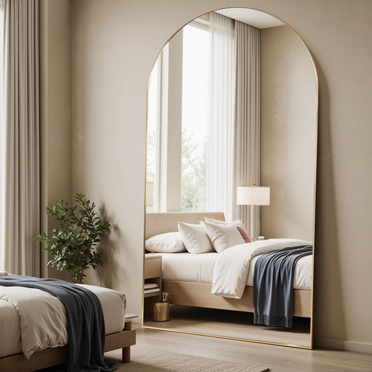 MISSDAY Oversized Arched Full Length Mirror, 81"x41" Gold Full Body Mirror with Stand, Floor Mirror Large Free Standing, Leaning or Hanging, Aluminum Frame Mounted Mirrors Wall Mirrors for Bedroom