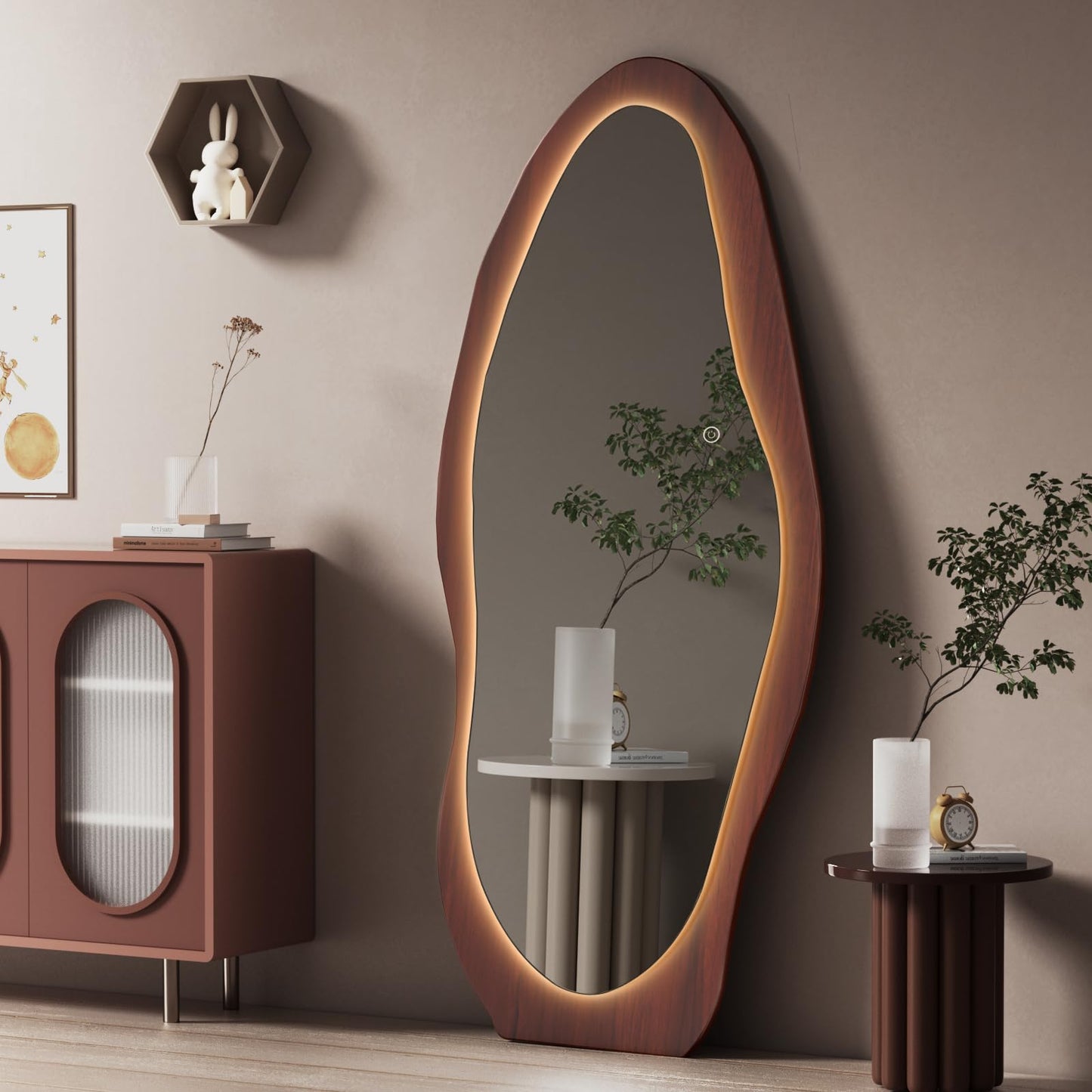 osemy 67"x 26" LED Wood Full Length Mirror with Lights Irregular Wavy Full Body Mirror Shatter-Proof Hanging/Leaning Wall Mounted Walnut Wooden Framed for Dressing Bedroom Living Room