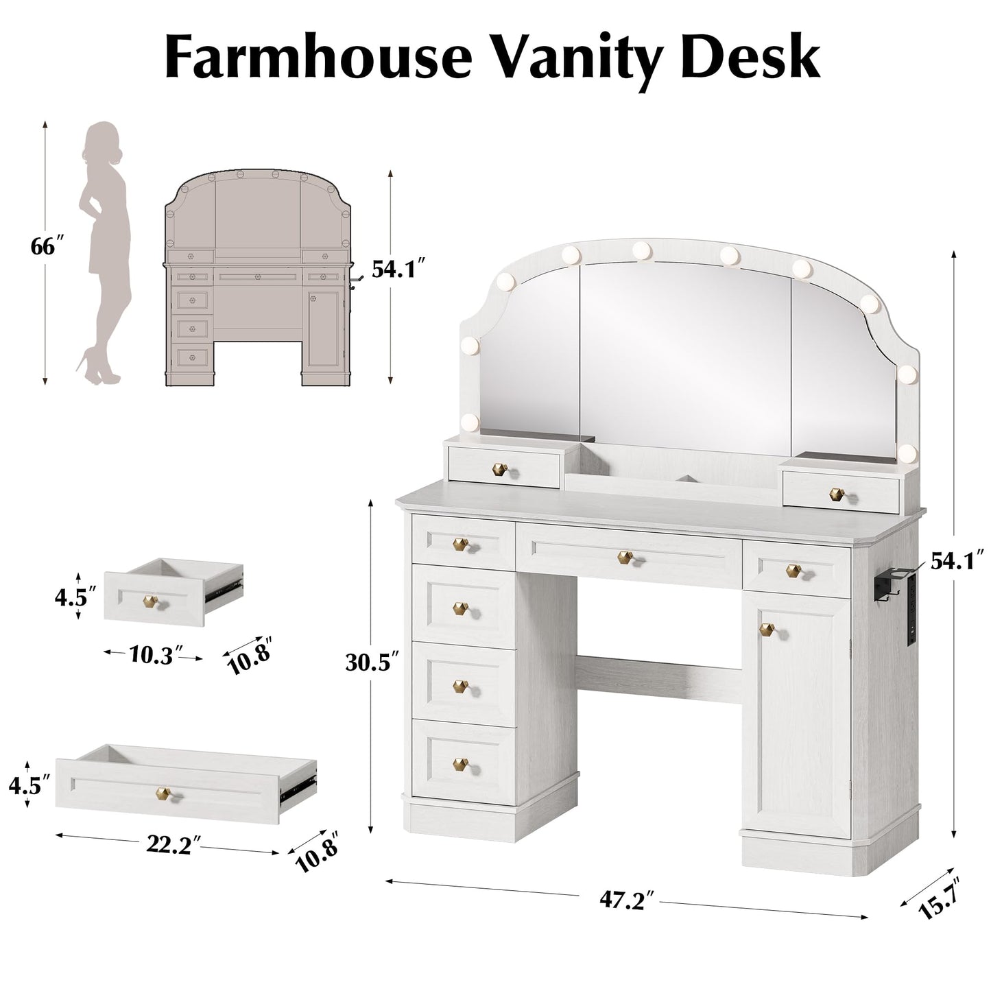 AMBERHAUS Farmhouse Makeup Vanity Desk with Mirror and Lights, 47'' Vanity Table with 8 Storage Drawers 1 Cabinet & 2 Organizer Trays, Big Dressing Table with Charging for Bedroom Classic White