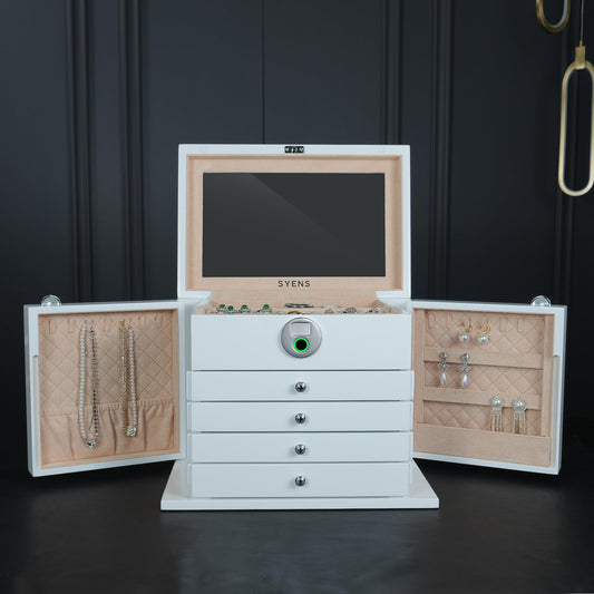 SYENS White Wood Jewelry Box, Large Size, Fingerprint Unlock, Seven Level Jewelry Organizer with Necklace Hanger and Mirror, High Gloss Lacquer Finish (5L-WT)