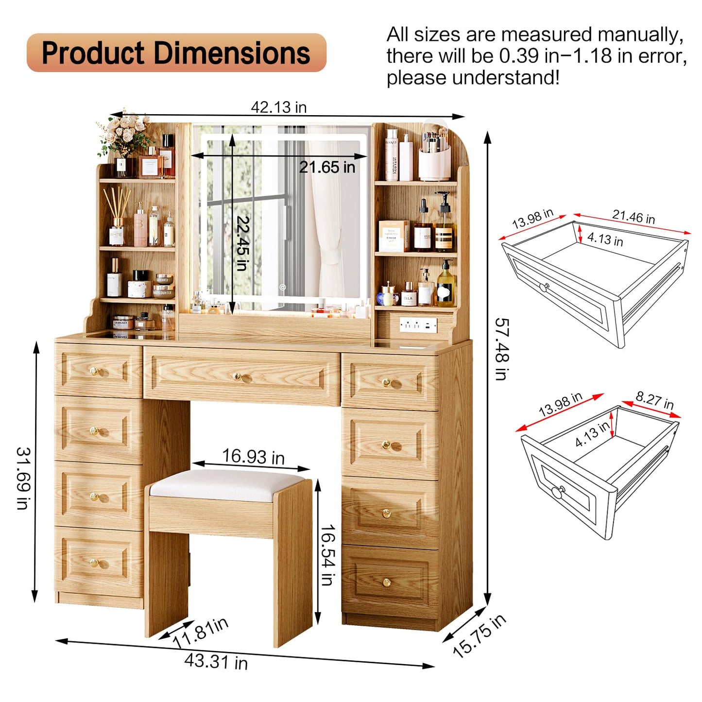 Arulvmrn 43" Makeup Vanity Desk with Mirror and Lights, & Power Outl, Glass Top Big Vanity Table with 9 Drawers& 8 Storage Shelves, Dressing Table Set with Chair for Bedroom, Wood