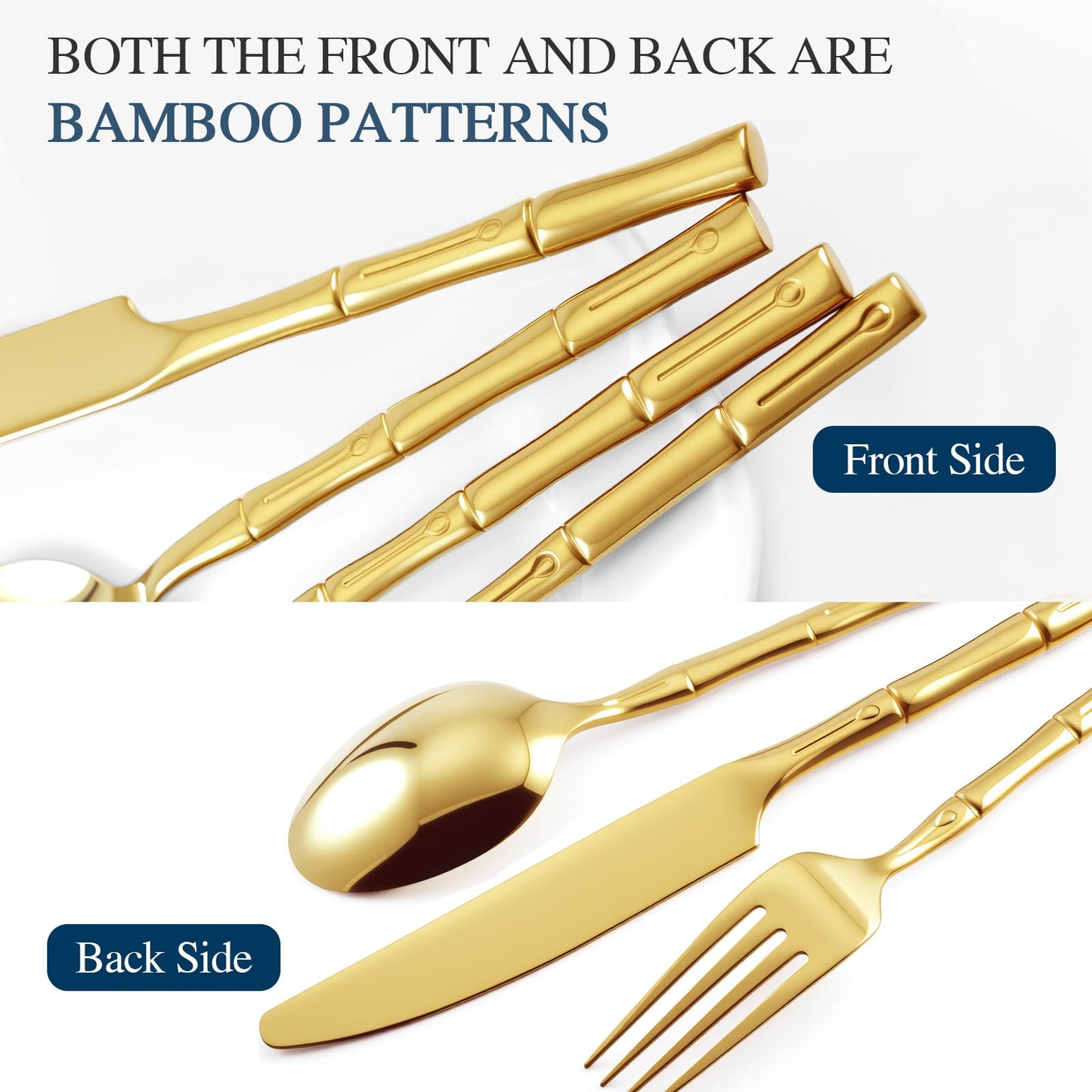 SILWELL Silverware 60-Piece Stainless Steel Mirror Polishing Gold Flatware Set Bamboo Pattern Cutlery Set Service for 12