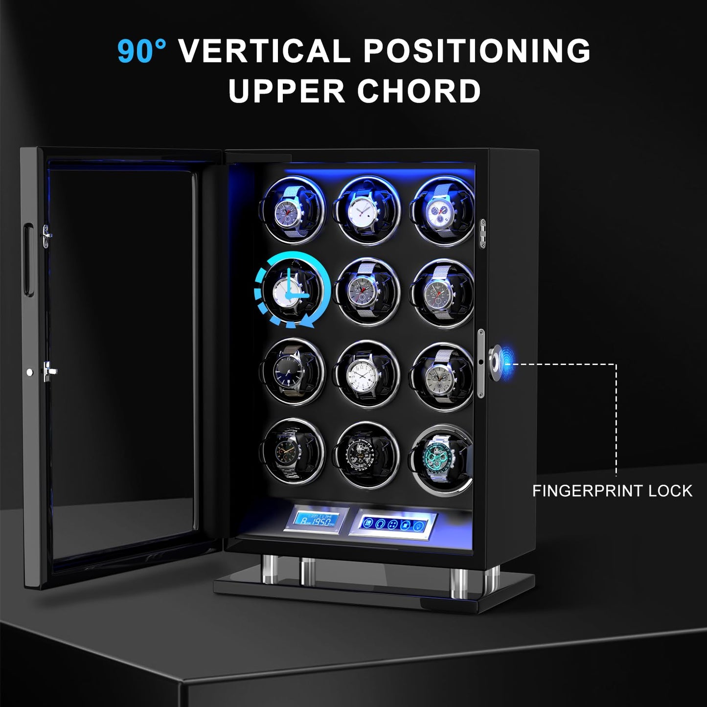 DUKWIN Watch Winder for 12 Automatic Watches, Fingerprint Lock Watch Winders with LCD Touchscreen, Blue LED Light, Remote Control,Adjustable Pillow and Quiet Motor for Universal Watches, 5TPD