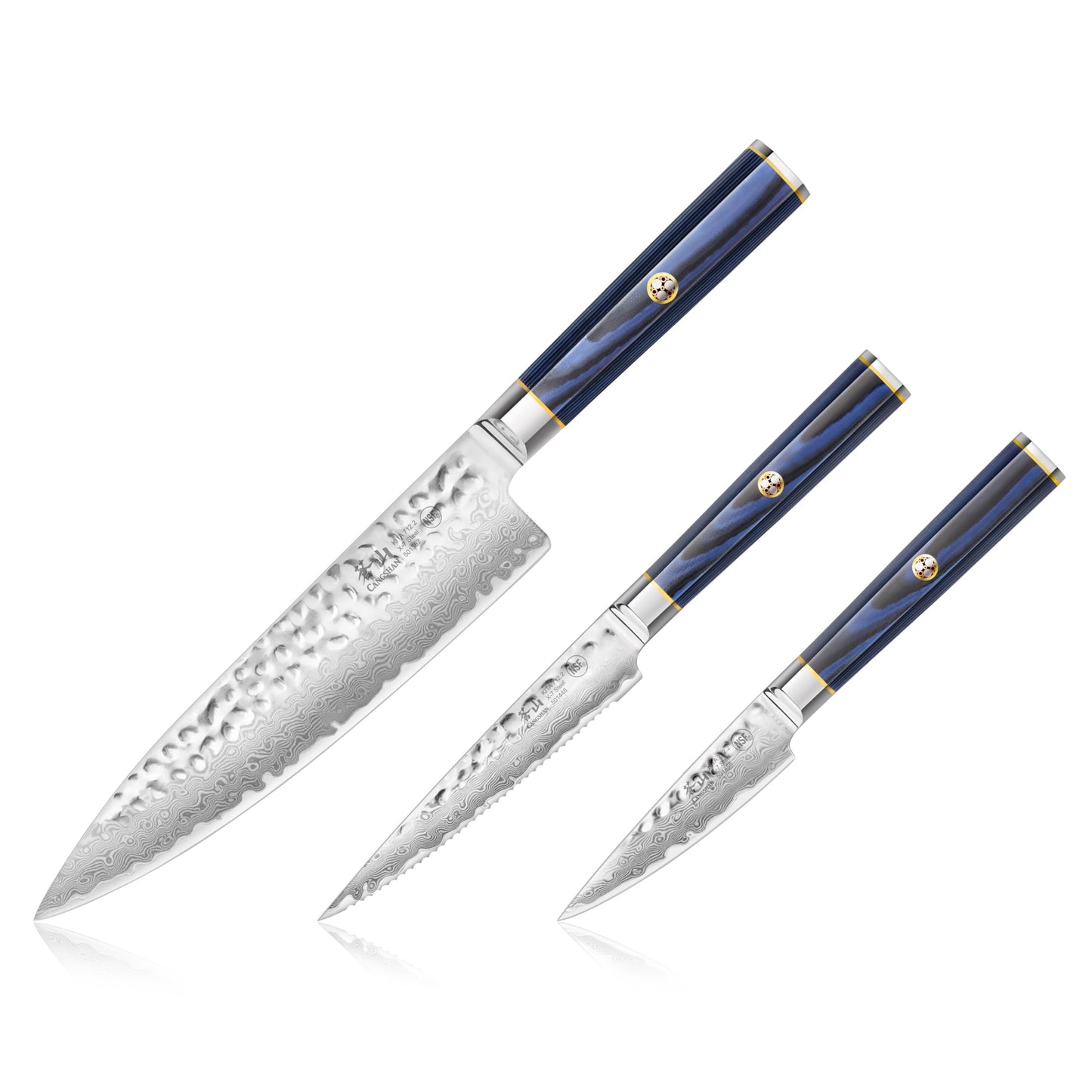 Cangshan KITA Series 3-Piece Starter Knife Set (8" Chef + Serr. Utility + 3.5" Paring) High Carbon X-7 Damascus Steel Blades with Ash Wood Box, 501530 (3pc)