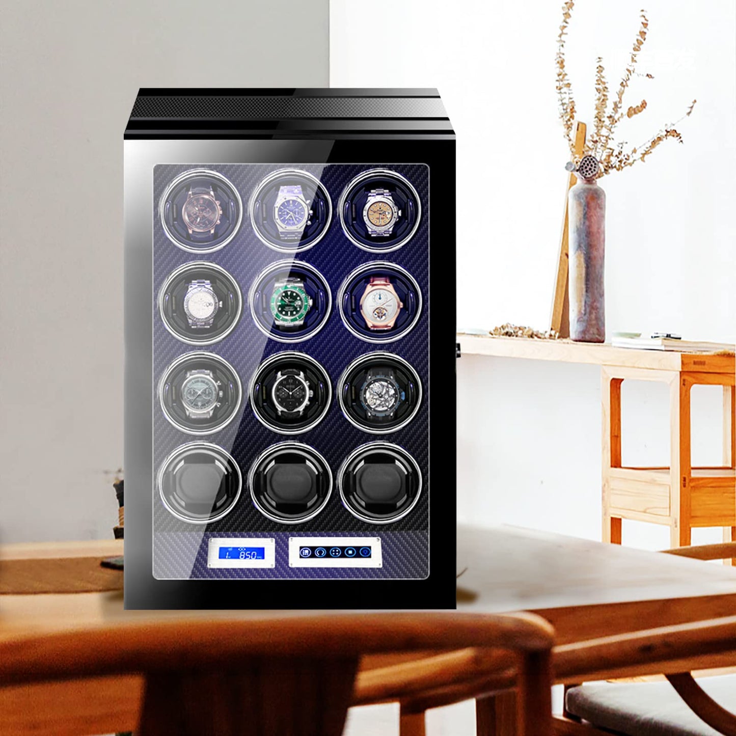 LELTNSOU Watch Winder for 12 Winding Spaces Automatic Watches, Ultra-Quiet Japanese Motors, Built-in LED Illumination and LCD Touchscreen Control