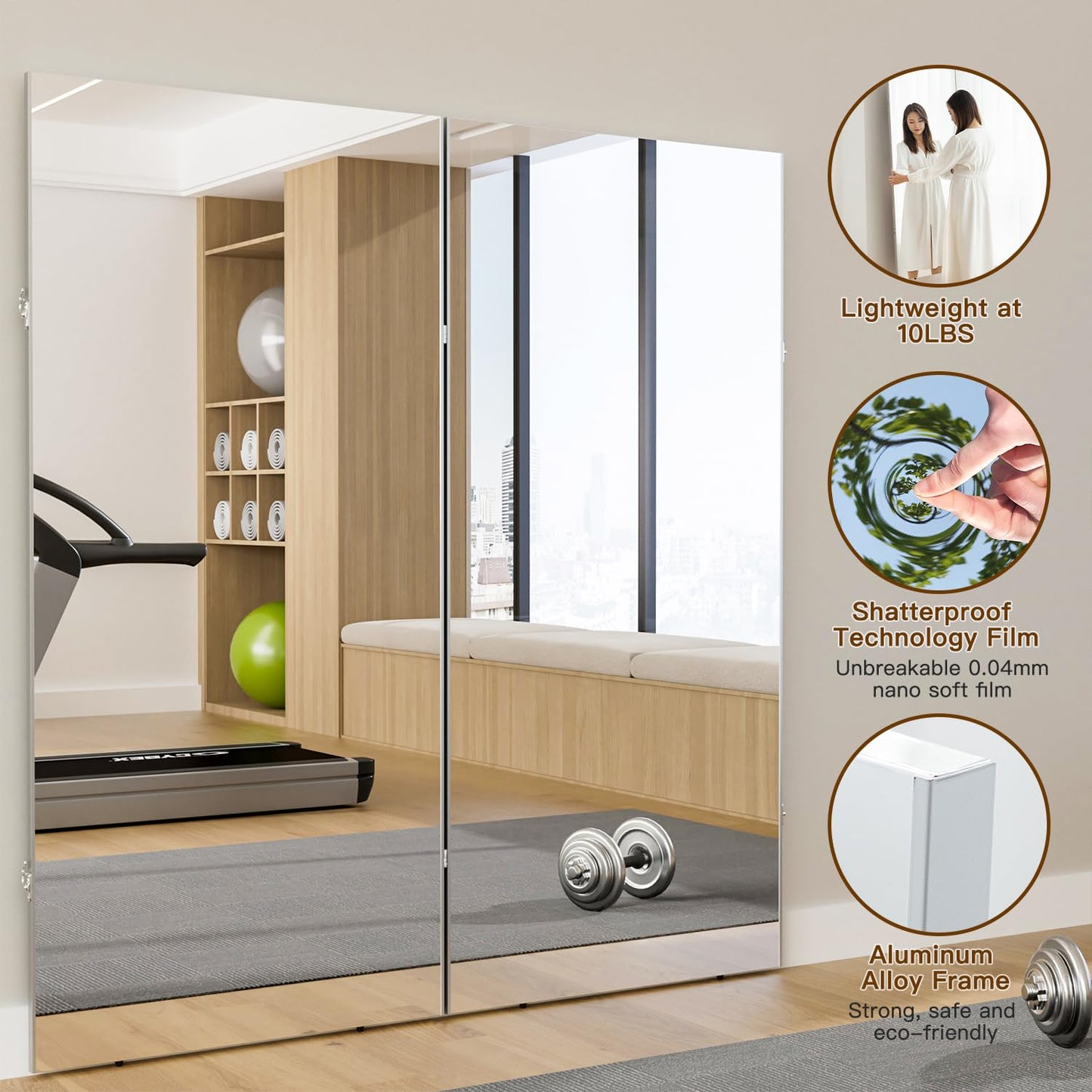 HDmuxel Space-Saving 360° Folding Full Length Mirror, 55" x 67" Oversized Standing/Leaning Mirror, Shatterproof, Lightweight Design for Home Gym, Yoga Studio, Dance Studio, Fitness Studio (Silver)