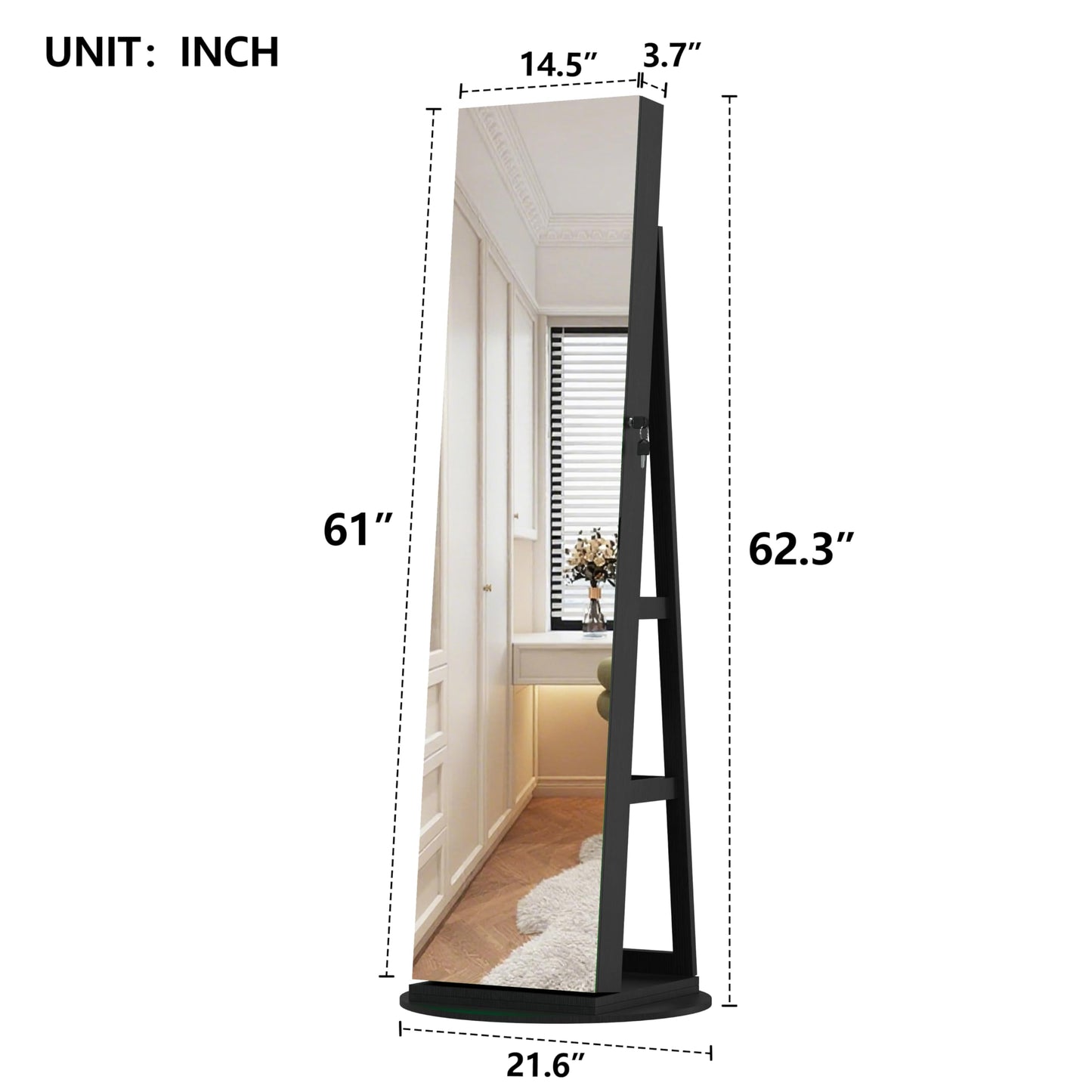 KEIKI 360°Swivel Jewelry Armoire with Full Length Mirror, 62.3" Rotating Standing Jewelry Armoire Organizer, Lockable Storage Cabinet, Interior Lighted Mirror, Black