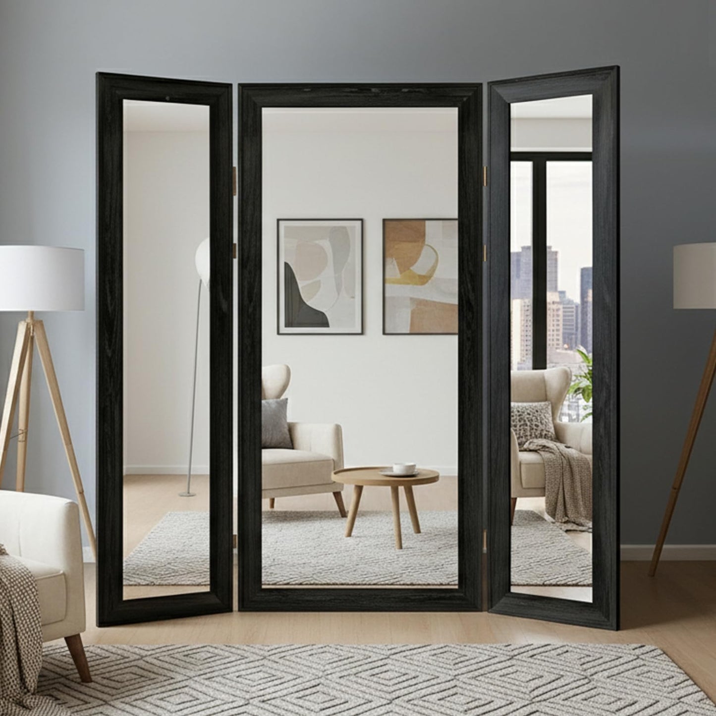 Houseables Trifold Mirror Full Length, 3 Way Mirror, Floor Length, Three Way Folding, Standing, Full Body, Wood Framed, 3 Sided for Bedroom, Makeup, Oversized, Foldable, Black, 71 x 32 to 65 Inch