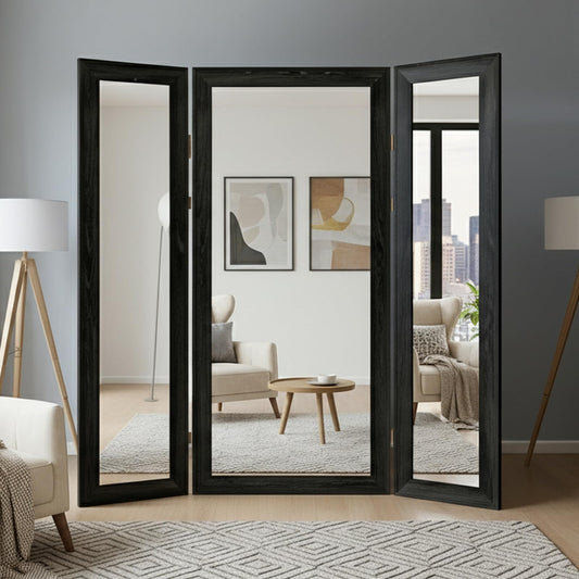 Houseables Trifold Mirror Full Length, 3 Way Mirror, Floor Length, Three Way Folding, Standing, Full Body, Wood Framed, 3 Sided for Bedroom, Makeup, Oversized, Foldable, Black, 71 x 32 to 65 Inch