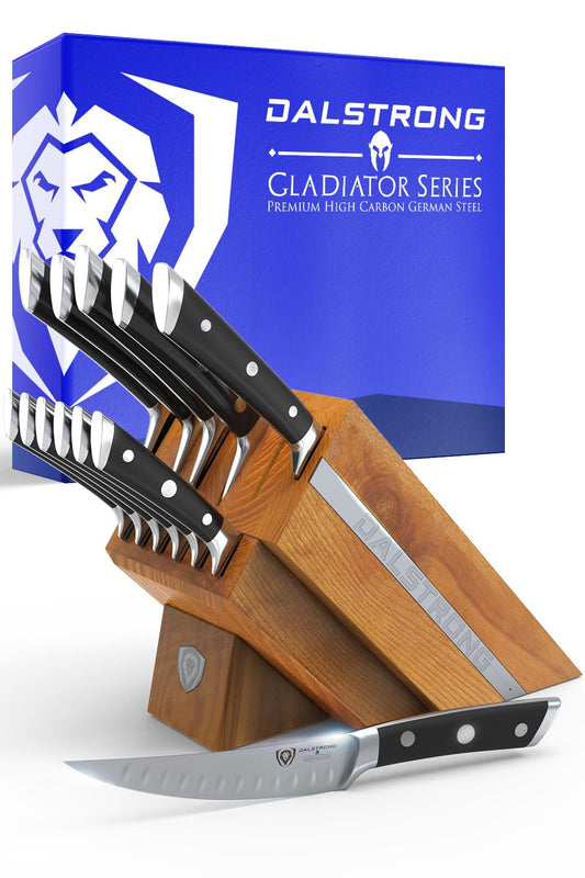 Dalstrong 12-Piece Elite Knife Block Set — German High-Carbon Steel, Full-Tang, Hand-Polished — Chef + Santoku + Nakiri + Boning + Fillet + 6 Steak — Gladiator Series Manchurian Ash Block, NSF
