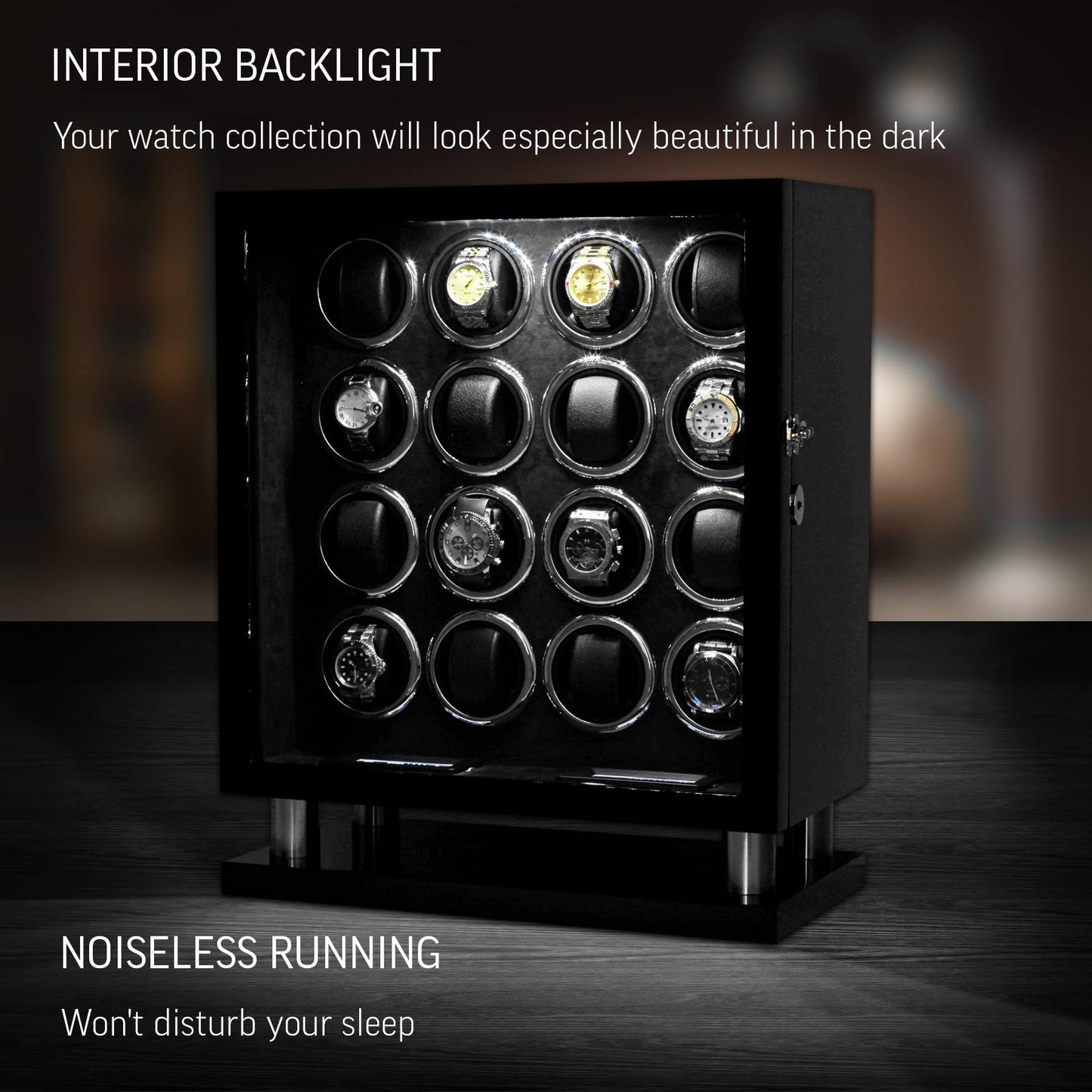 Watch Winder for 16 Automatic Watches with LED Light and LCD Touchscreen Control (Black + Black)
