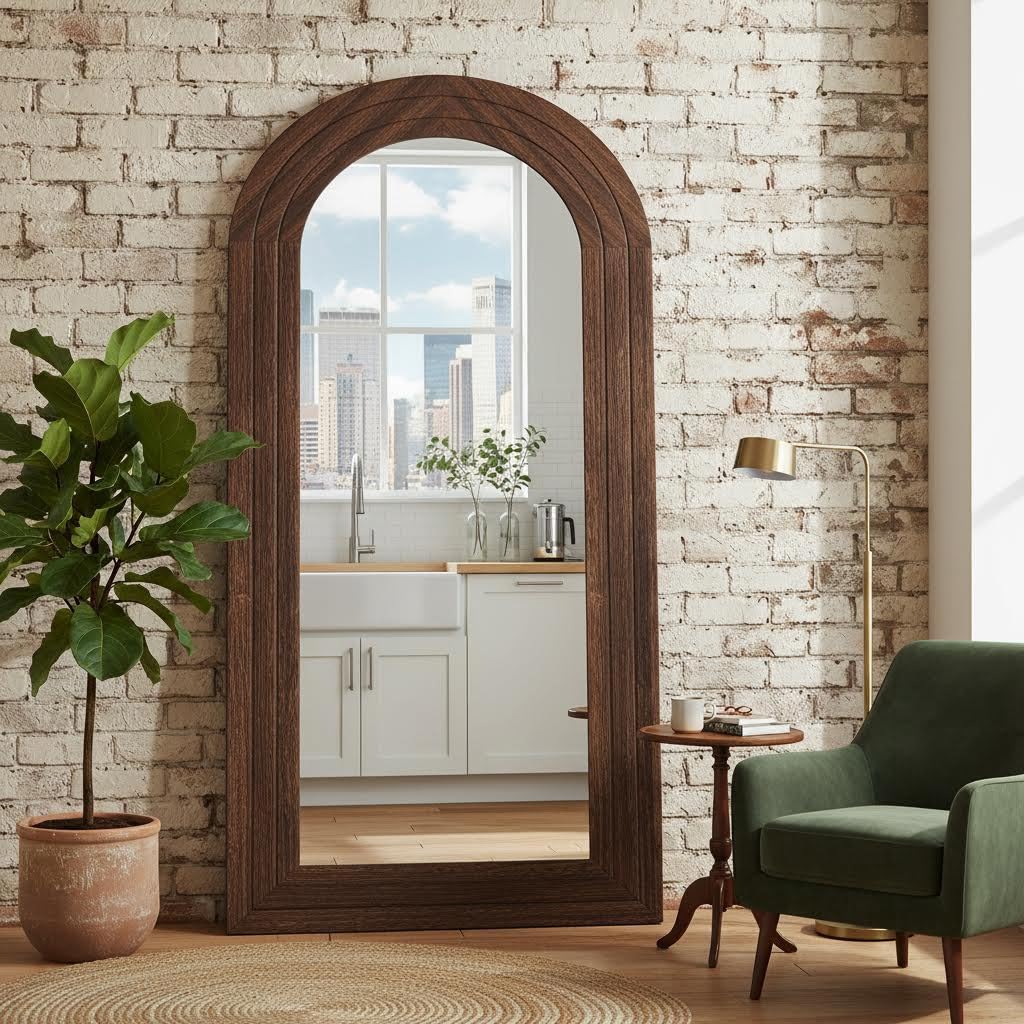 ITSRG Full Length Mirror with Solid Wood Frame, Arched Wall Miiror, 71x32 Farmhouse Wall Mounted Floor Mirror with Stand, Floor Mirror Freestading, Brown