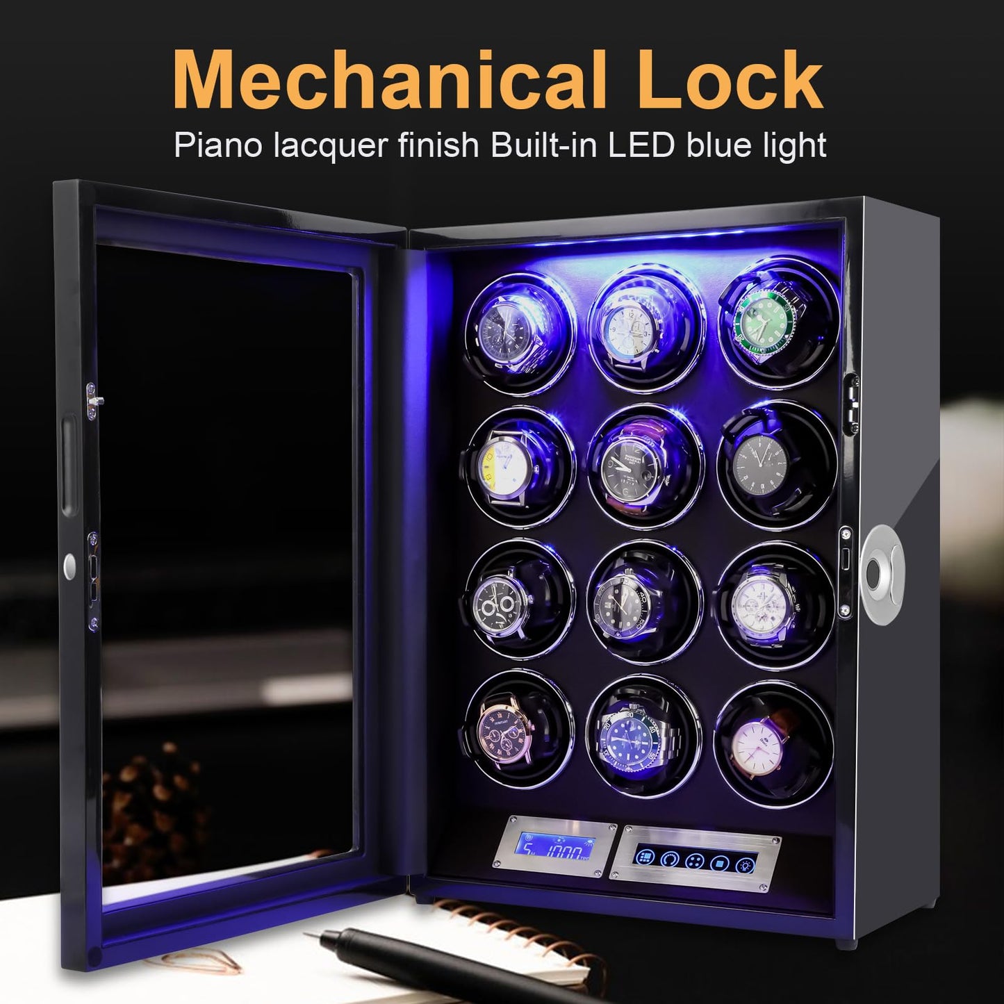 SNEOLTJN Watch Winder for 12 Slots Automatic Watches, Ultra-Quiet Japanese Motors, Built-in LED Illumination and LCD Touchscreen Control