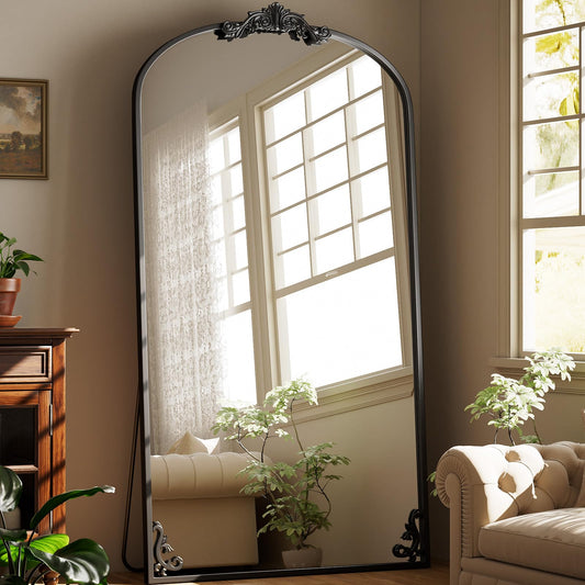 Easly Arched Full Length Mirror, 44"x 72" Large Full Body Mirror with Vintage Carved Metal Frame for HomeDecor, Oversized Floor Mirror for Wall for Bedroom, Living Room, Cloakroom, Black, Retro Style