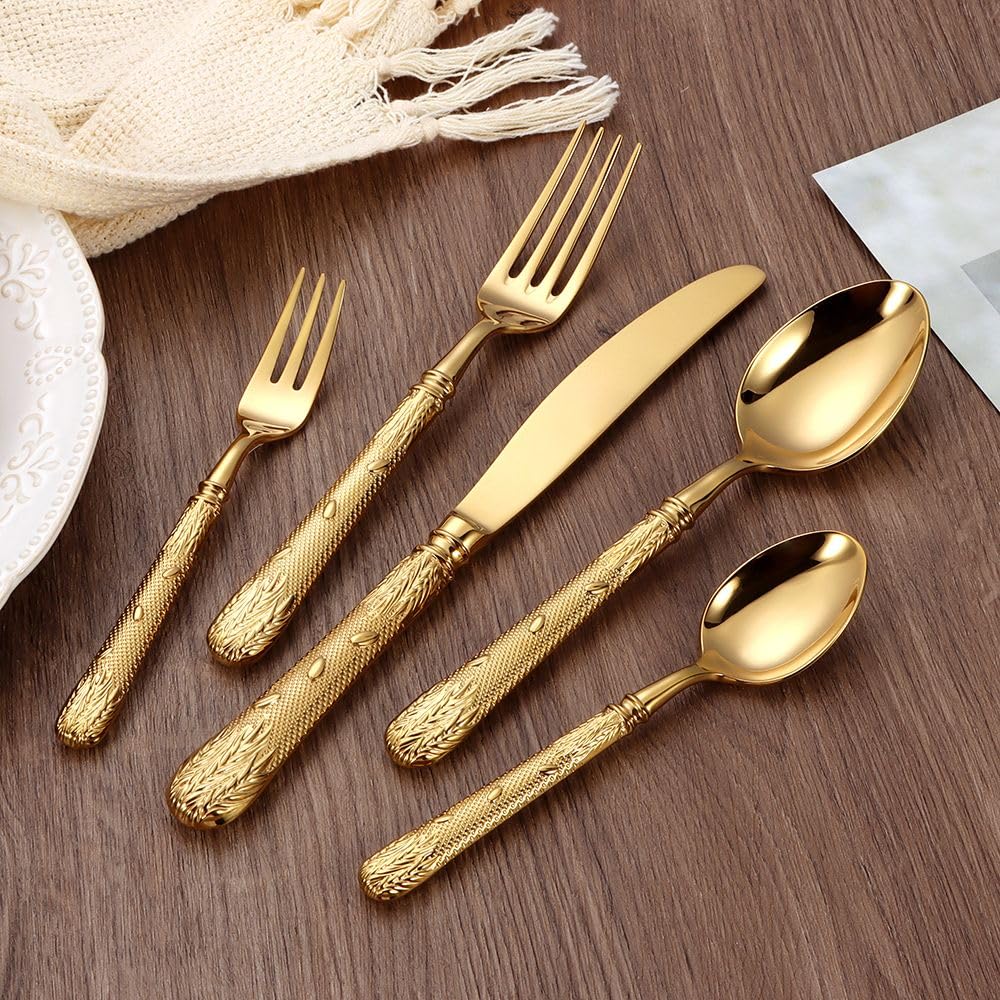 ELiTA ESSENTIALS Luxury 20-Piece Wheat Ear Design Silverware Set, Premium 18/10 Stainless Steel Flatware, Serving 4. (Gold)