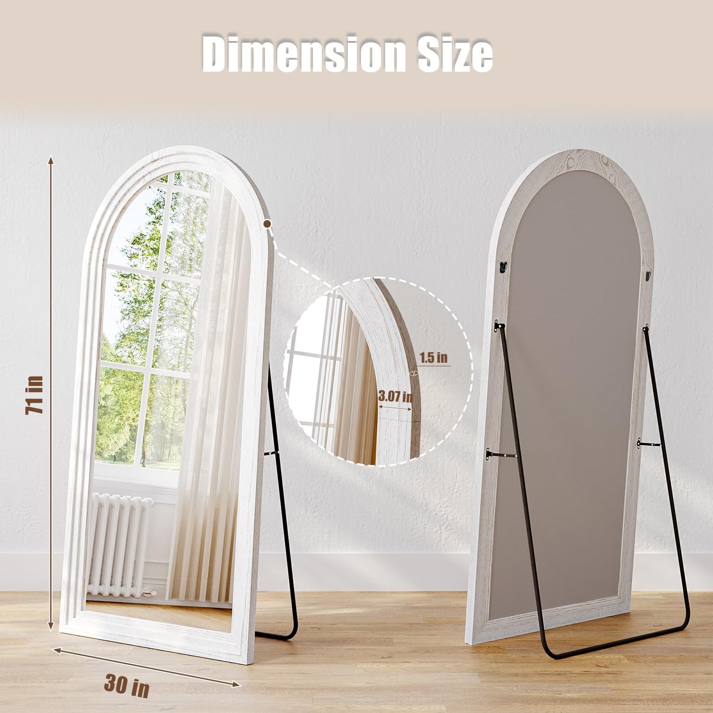 WISSMIELS 30"x71" Full Length Mirror Solid Wood Frame, Arched Floor Mirror Full Length with Stand, Room Decor Big Full Body Mirror with HD Tempered Glass for Bedroom, Living Room, White