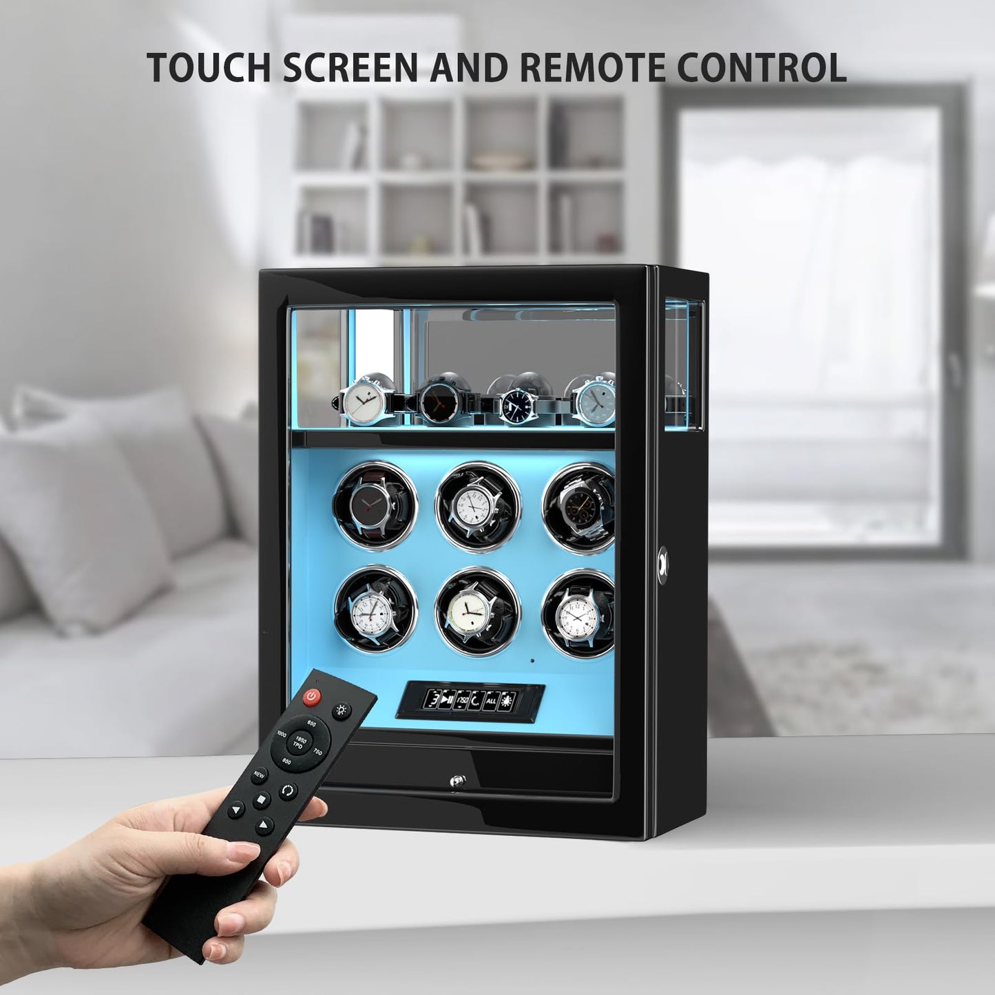 DUKWIN Watch Winder, Fingerprint Lock Automatic Watch Winder for 6 Watches with 4 Holders,300-2300 TPD,Digital Display, Remote Control,Jewelry Storage and Adjustable Watch Pillow and LED Light,Blue