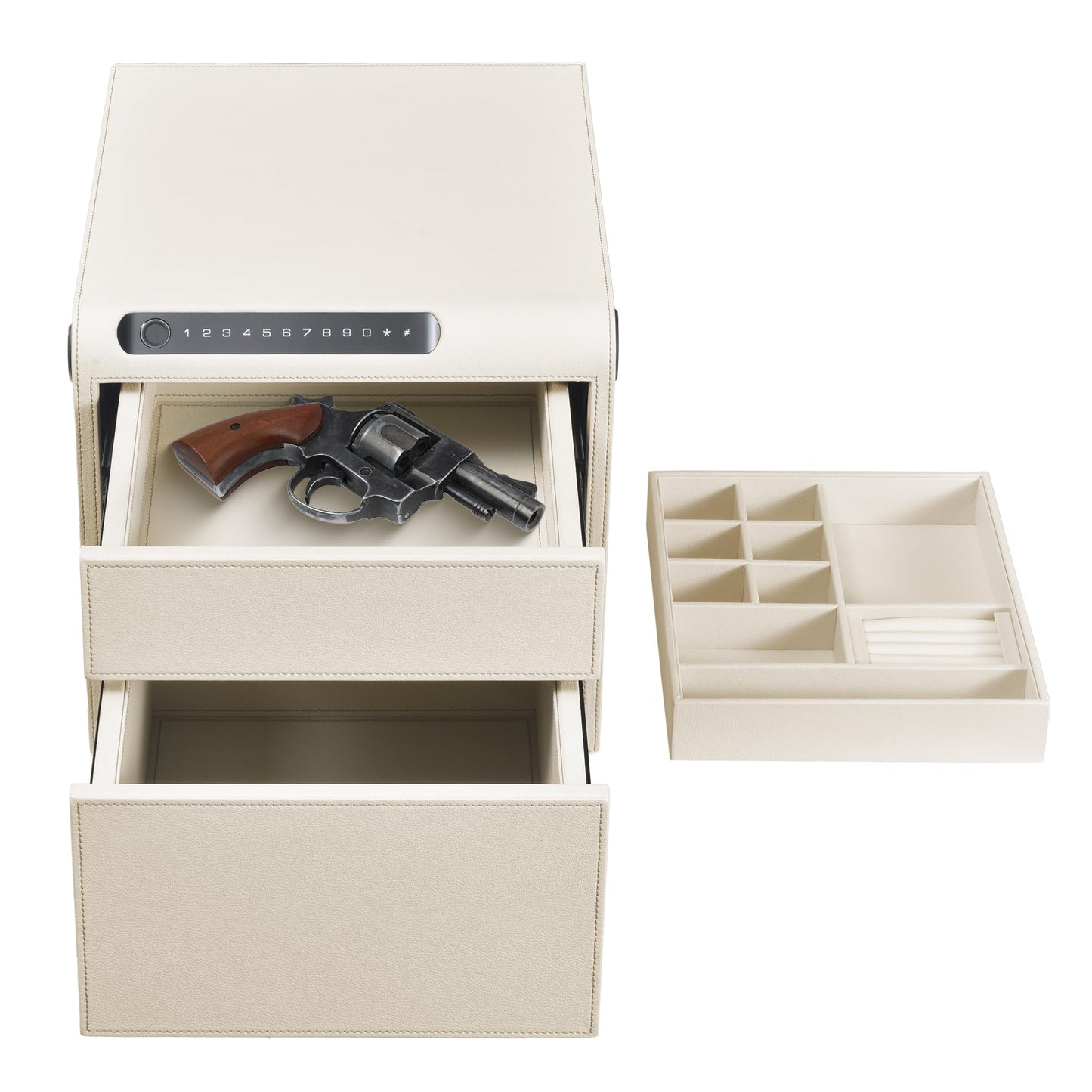VALINIRT Jewelry Safe with Drawers，Biometric Fingerprint safe, Slide-Away Handgun Safe for Pistols, Leather Wrapped Jewelry Storage Safe, Digital Keypad & Quick-Access Drawer(White- 2 Drawer)