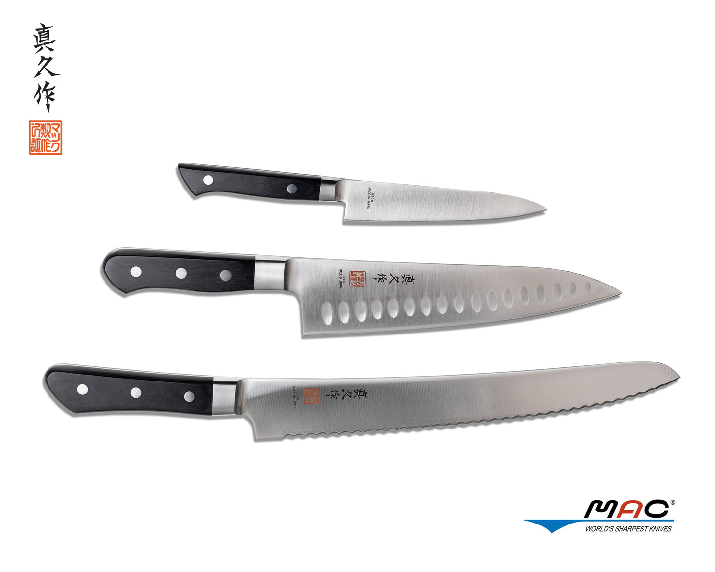 MAC Knife set Professional series 3-piece PRO-31, MTH-80 Pro series 8" Chef's knife w/dimples, PKF-50 Pro series 5" Paring knife, MSB-105 Pro series 10.5" Bread/Roast slicer, made in Japan