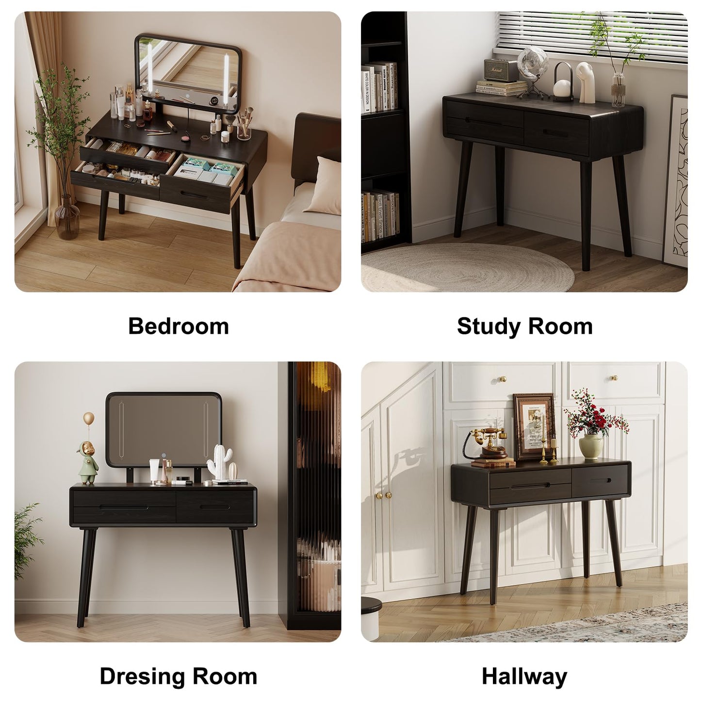 DONGMUWUJEE Solid Wood Vanity with Mirror and Lights, Adjustable Brightness, Wood Makeup Vanity with 3 Drawers, Semi-Assembled, Vanity Desk for Bedroom (Black)