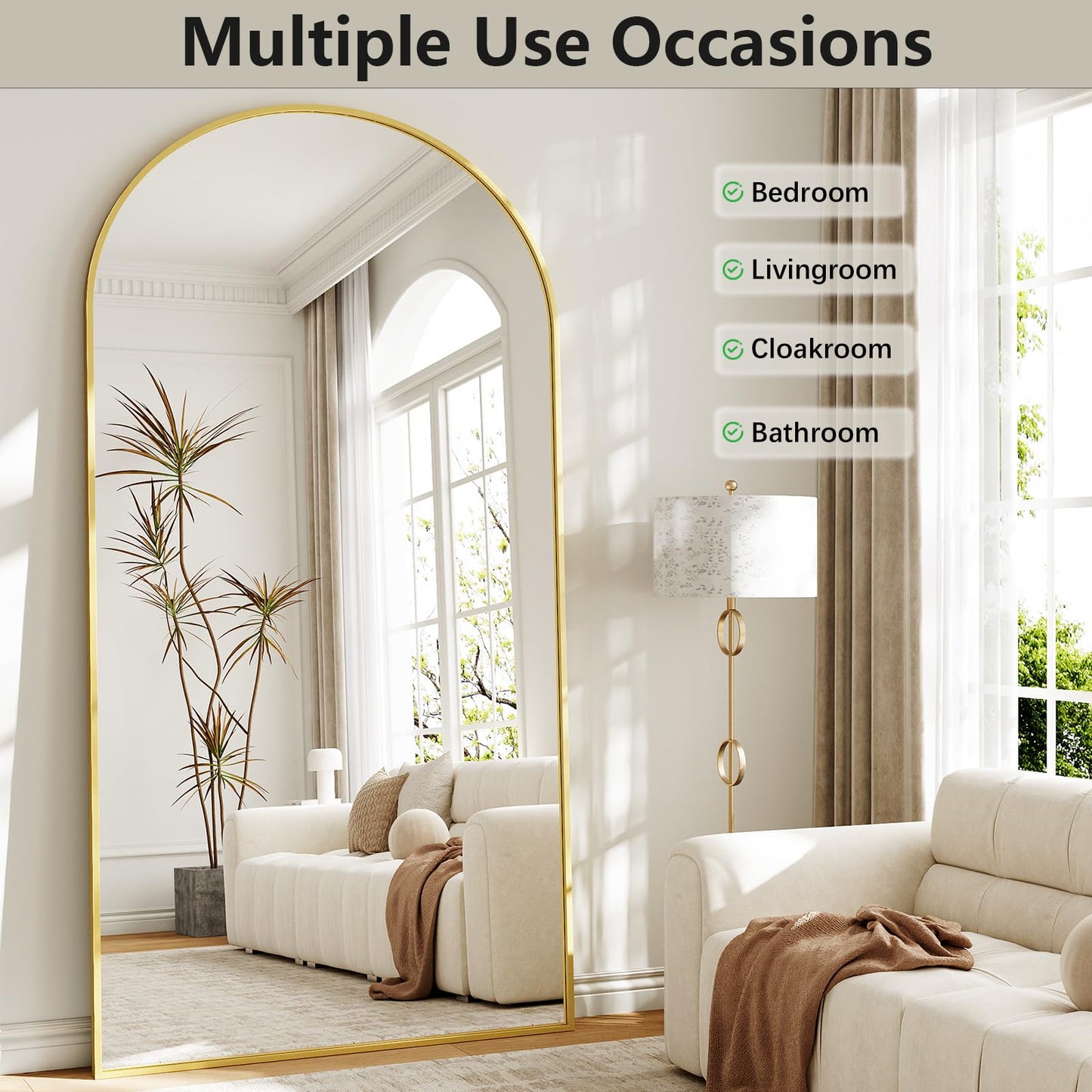 WISSMIELS Large Full Length Mirror, 36"x80" Arched Floor Mirror Full Length with Stand, Room Decor Big Full Body Mirror with HD Tempered Glass Aluminum Frame for Bedroom Living Room, Gold