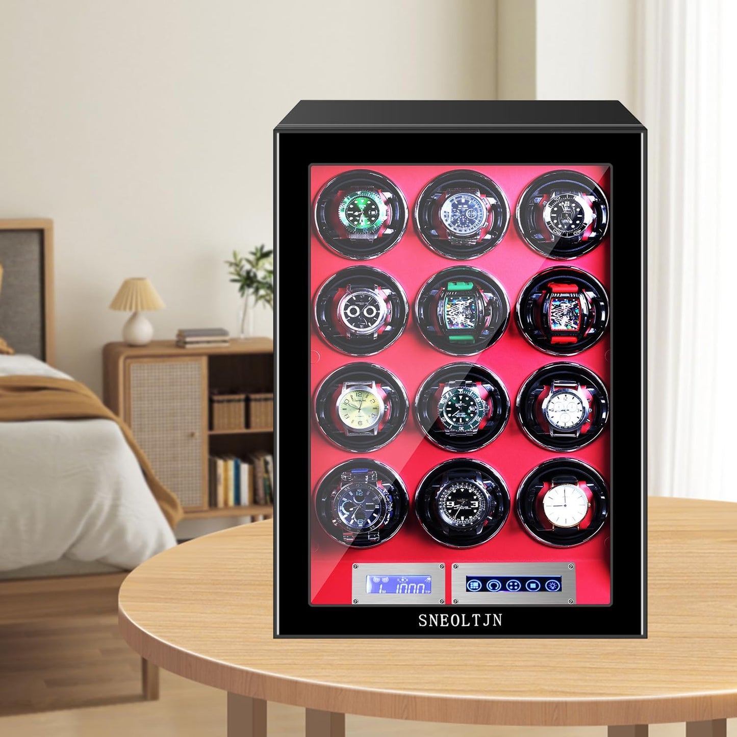 SNEOLTJN Watch Winder for 12 Slots Automatic Watches, Ultra-Quiet Japanese Motors, Built-in LED Illumination and LCD Touchscreen Control