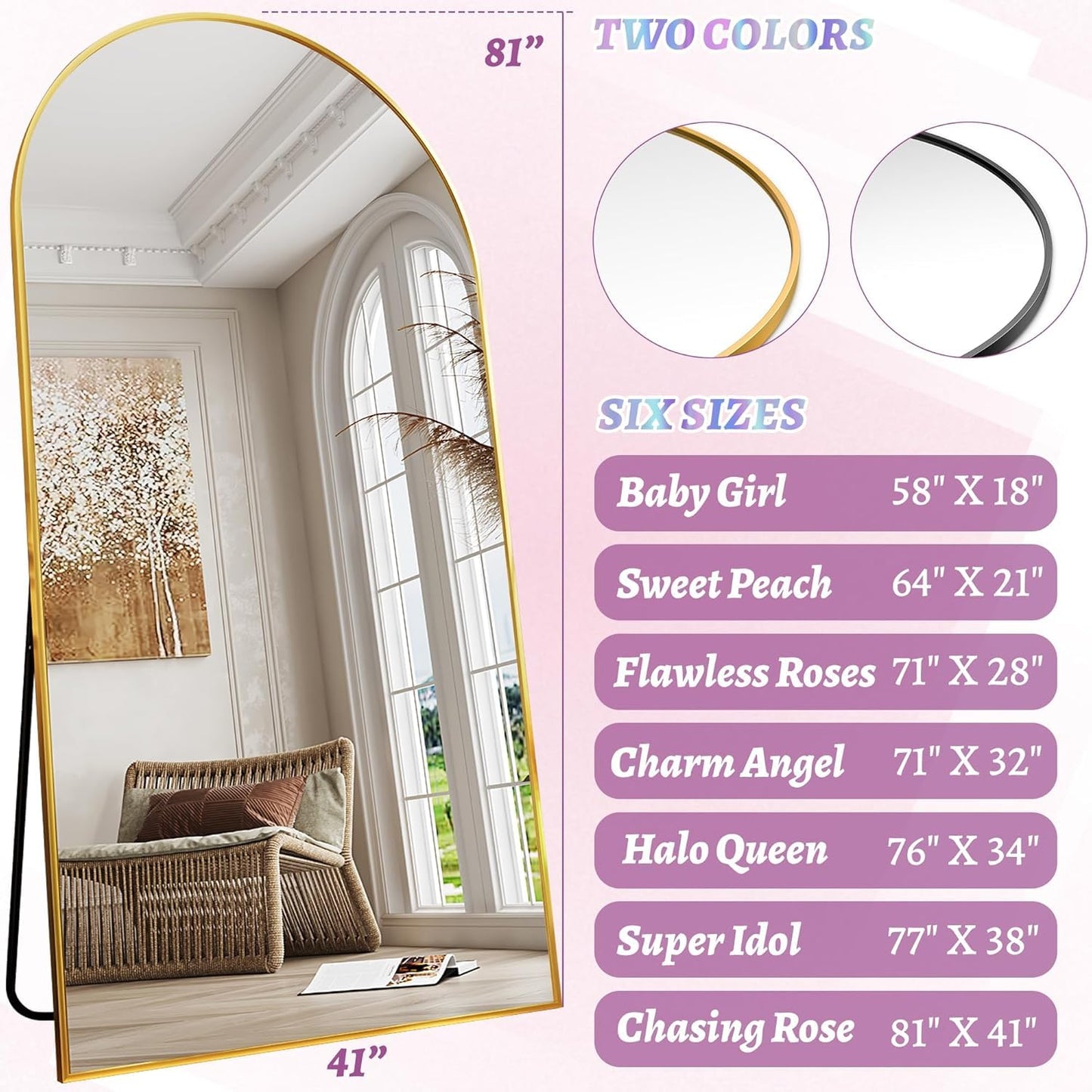 LadyNow Full Length Mirror, 41"x81" Arched Floor Mirror Freestanding, Floor Standing Full Body Mirror with Stand for Bedroom, Hanging Mounted for Living Room Cloakroom, Gold