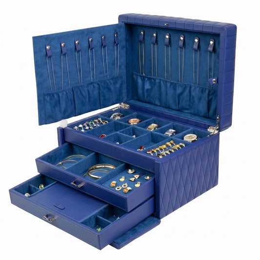 Homruilink Genuine Leather Jewelry Box – 3 Layer Large Jewelry Organizer with Mirror, Lockable Jewelry Box for Women – Necklace, Ring, Earring Organizer with Drawer - Mothers Day Gifts for Mom(Blue)