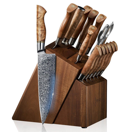 SENKEN 16-Piece Damascus Knife block Set - The Dynasty Collection - Japanese VG10 Damascus Steel with Natural Sycamore Wood Handles, Steak Knives, Scissors, & Sharpening Rod (16-Piece Knife Block Set)