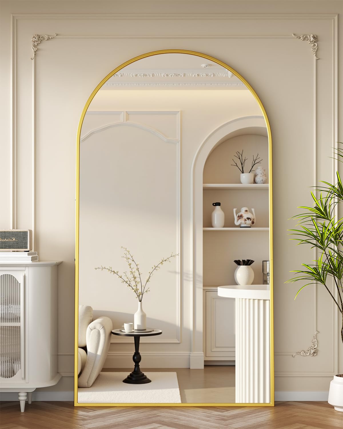 Coomily Full-Length Floor Mirror with Stand, 82"x44" Arched Style Full Body Standing Mirror for Bedroom, Living Room, Gym, Dorm - Shatter-Resistant & Easy Assembly, Gold