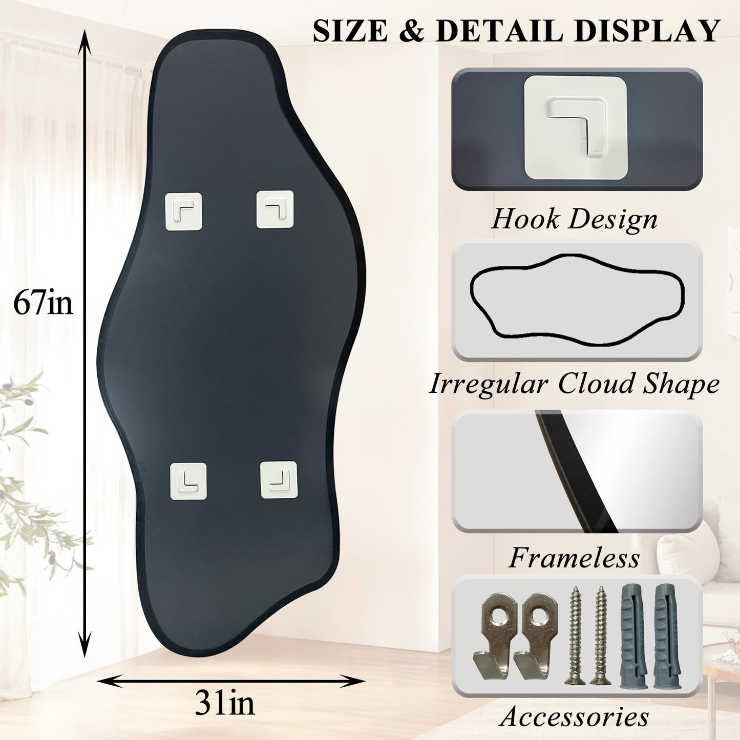 DAOYIJIAJU Irregular Mirror Full Length, 67"x31" Asymmetrical Tempered Glass Mirrors, Modern Large Organic Frameless Mirrors for Living Room Bedroom Hallway Entryway, Horizontal or Vertical Hanging