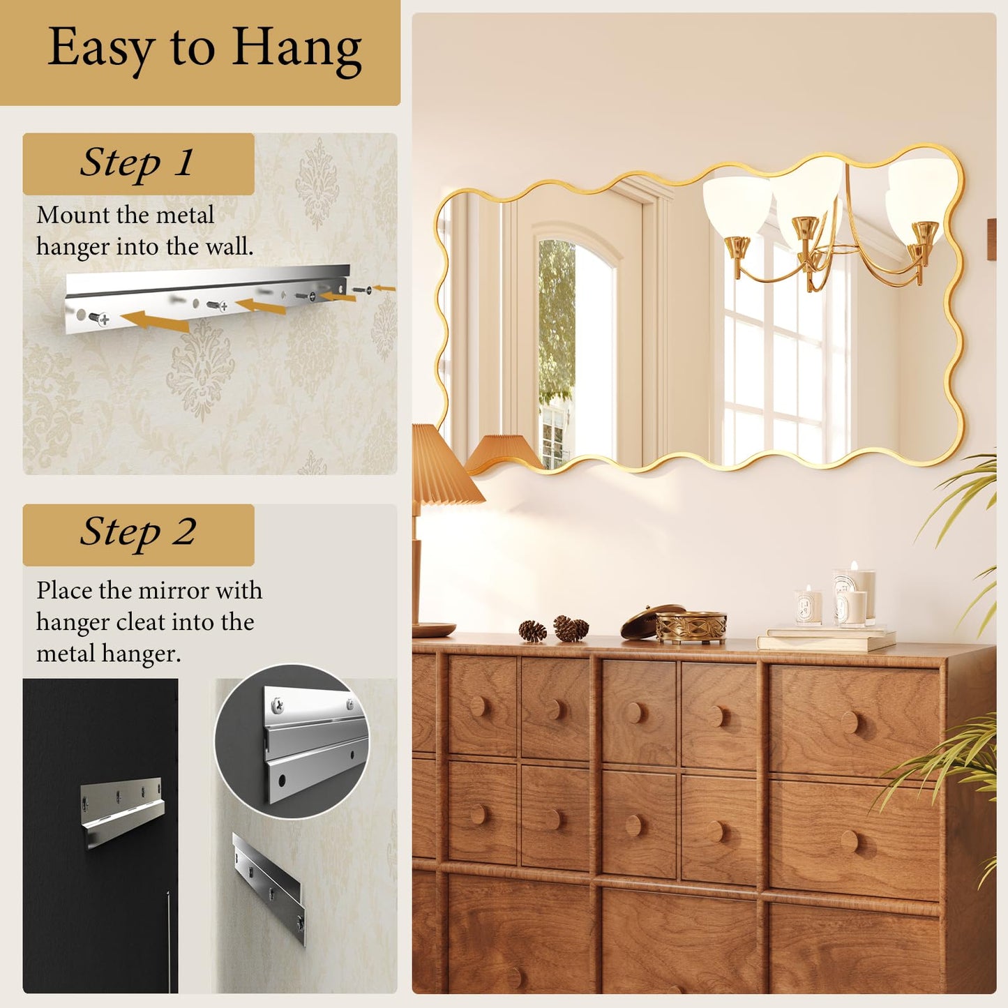 Kelly Miller 28x50 Inch Gold Scalloped Mirror, Large Rectangular Wavy Edge Bathroom Vanity Wall Mirror Decorative for Bedroom Living Room Entryway Fireplace Mantle